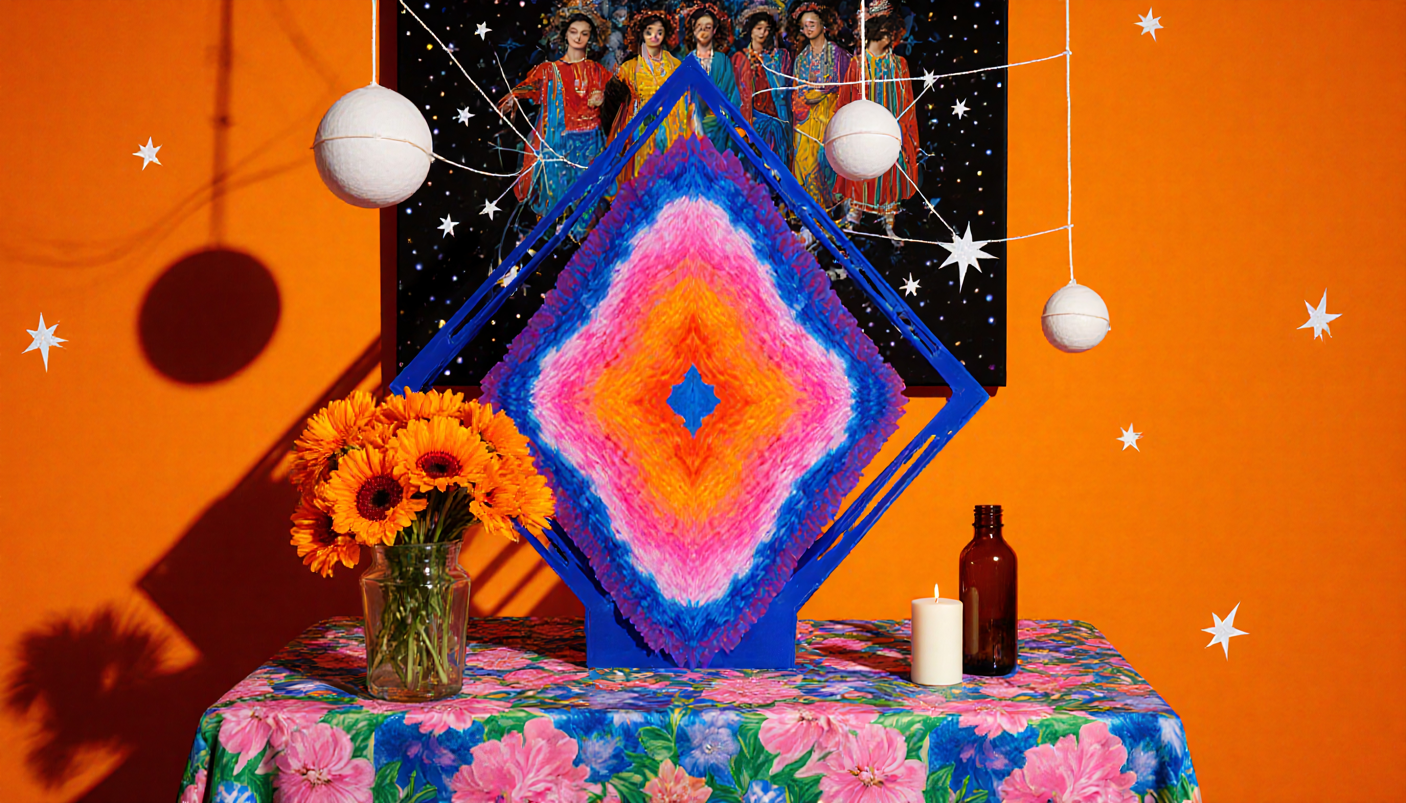 Vibrant geometric artwork with flowers and stars.