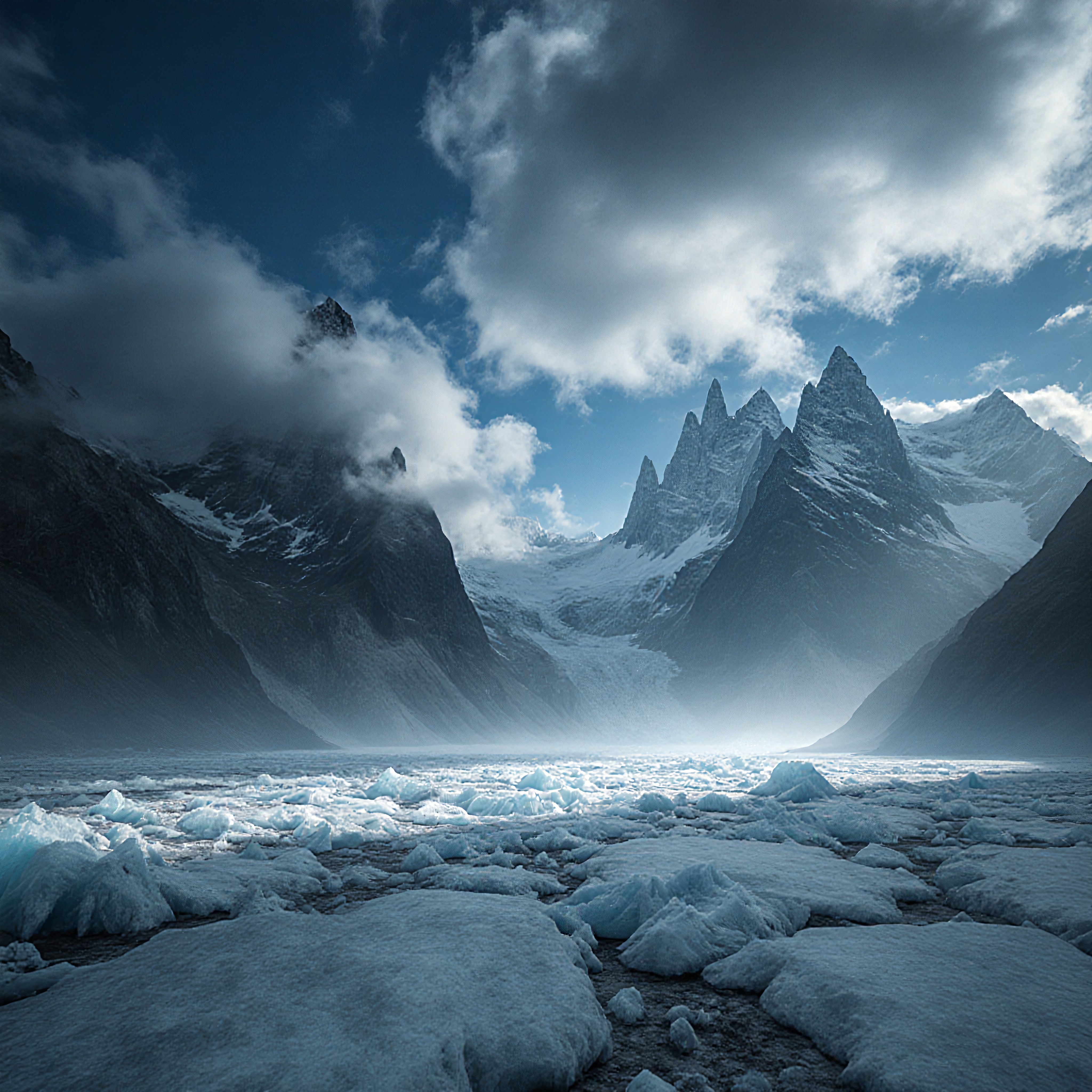 A stunning icy landscape with towering peaks and dramatic clouds.
