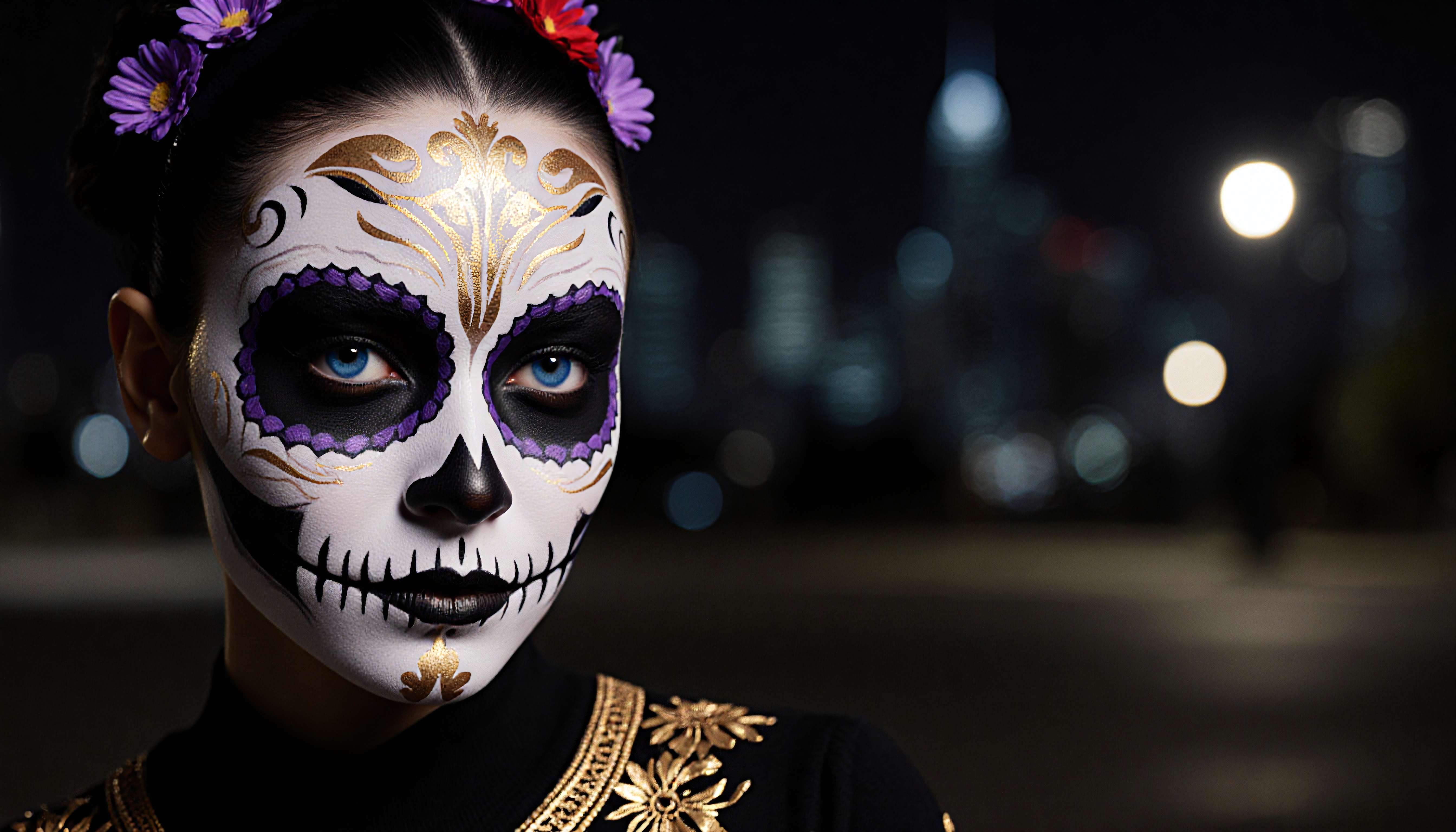 A person with Day of the Dead face paint stands in front of a cityscape at night, adorned with intricate designs and a floral headband.