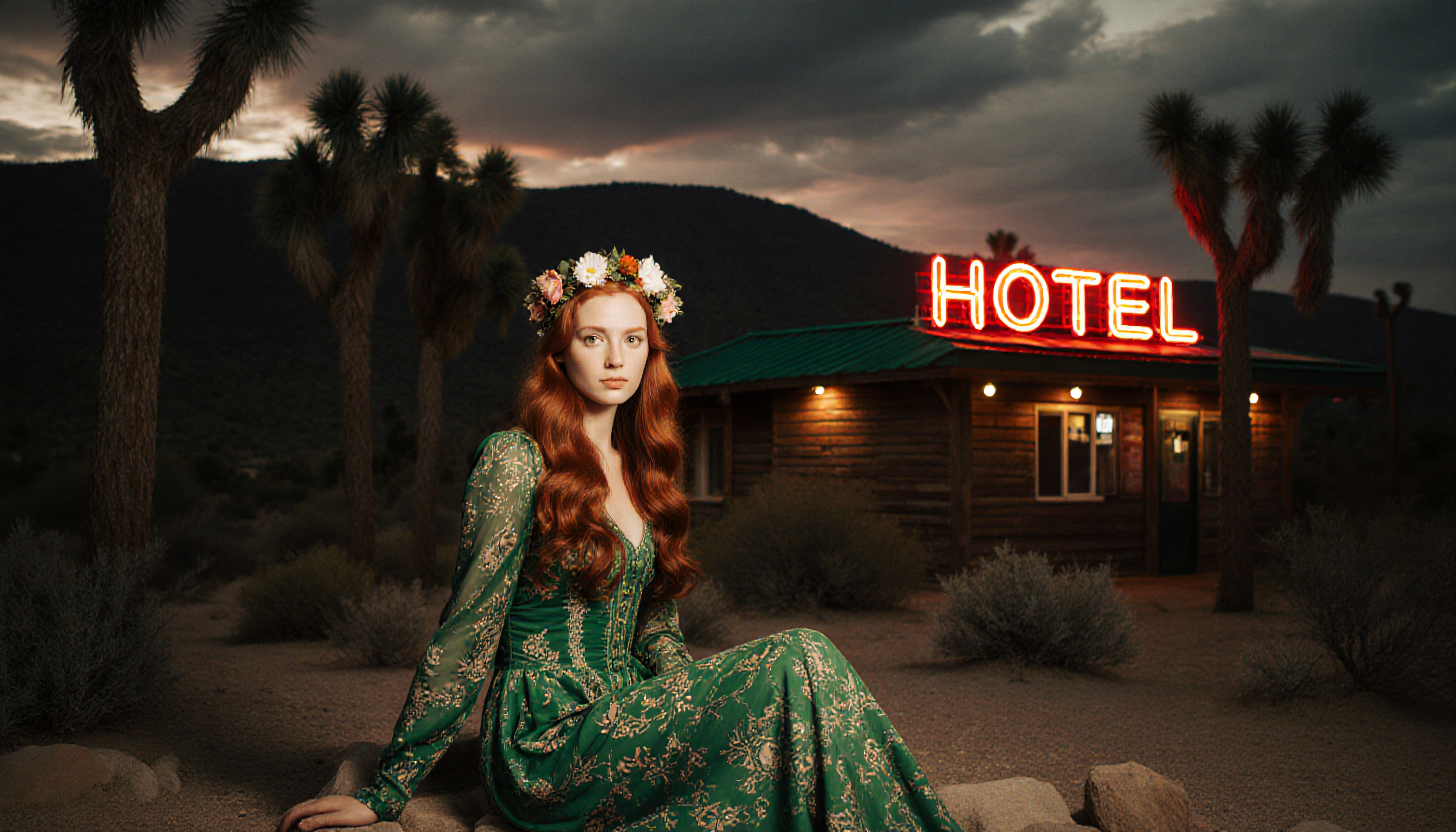 Redhead in Green Floral Dress Before Neon Hotel in Desert Sunset