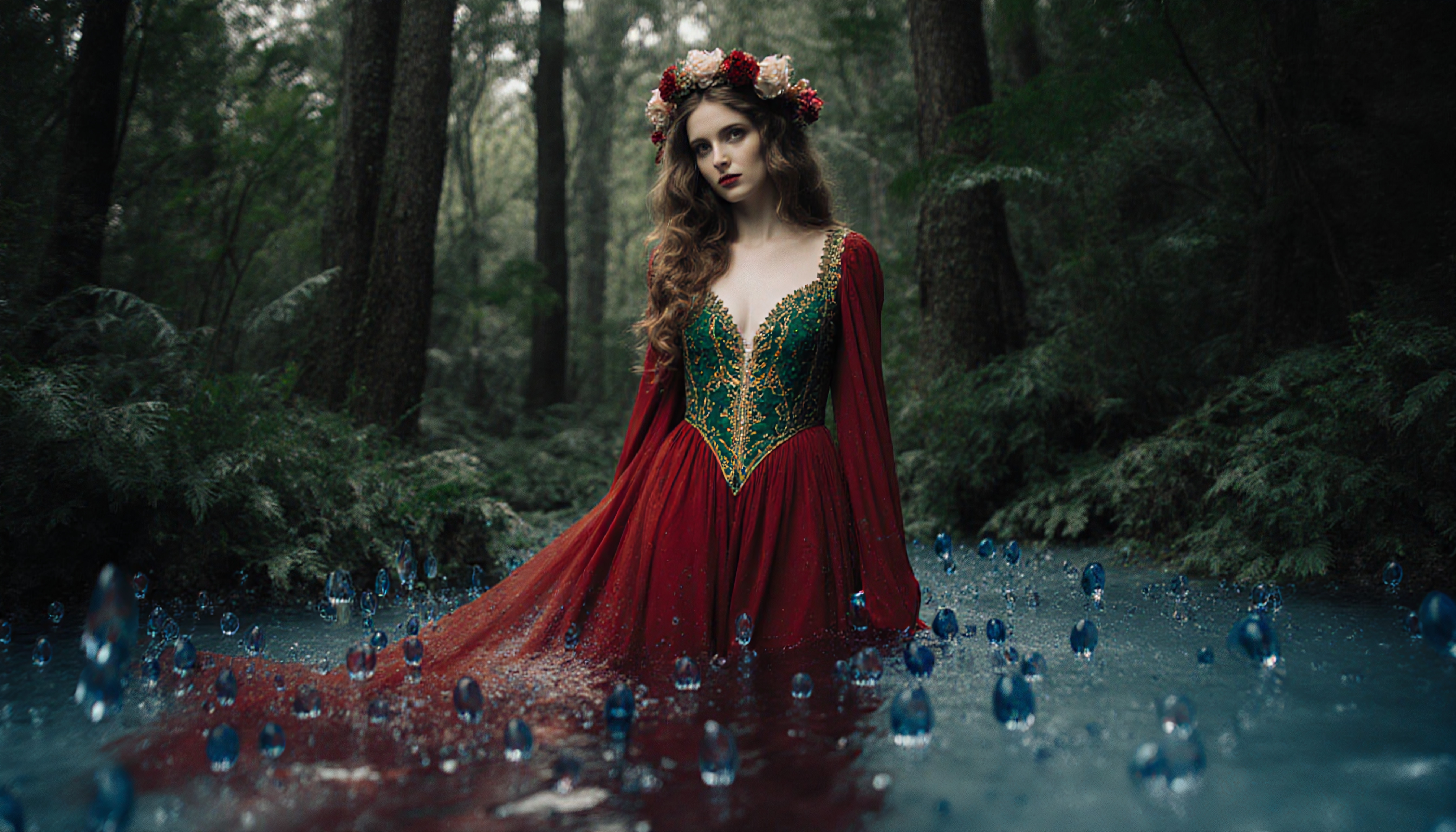 A woman in a red and green dress stands in an enchanted forest surrounded by blue orbs.