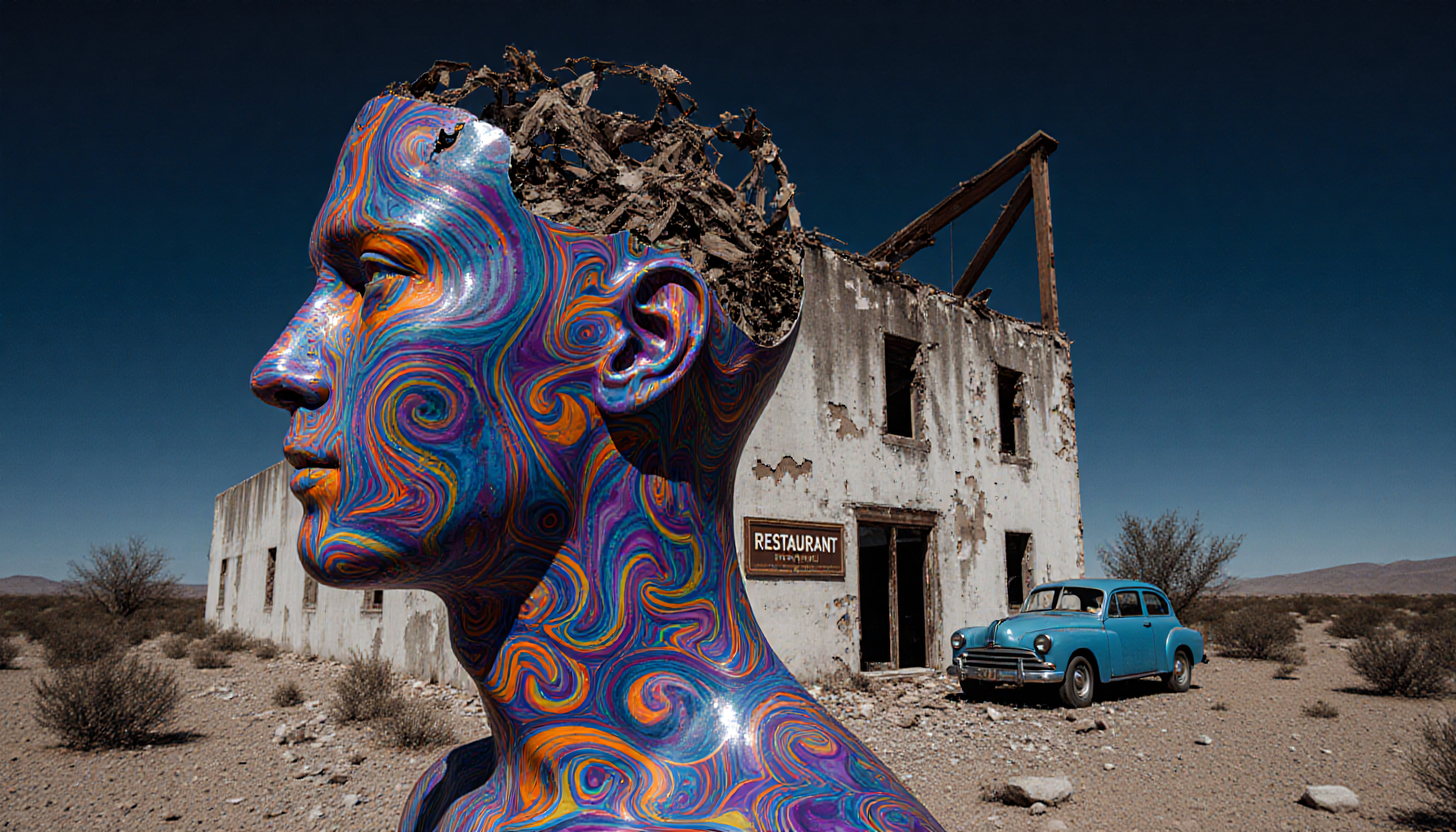 Surreal colorful human head sculpture against ruined desert restaurant with vintage car
