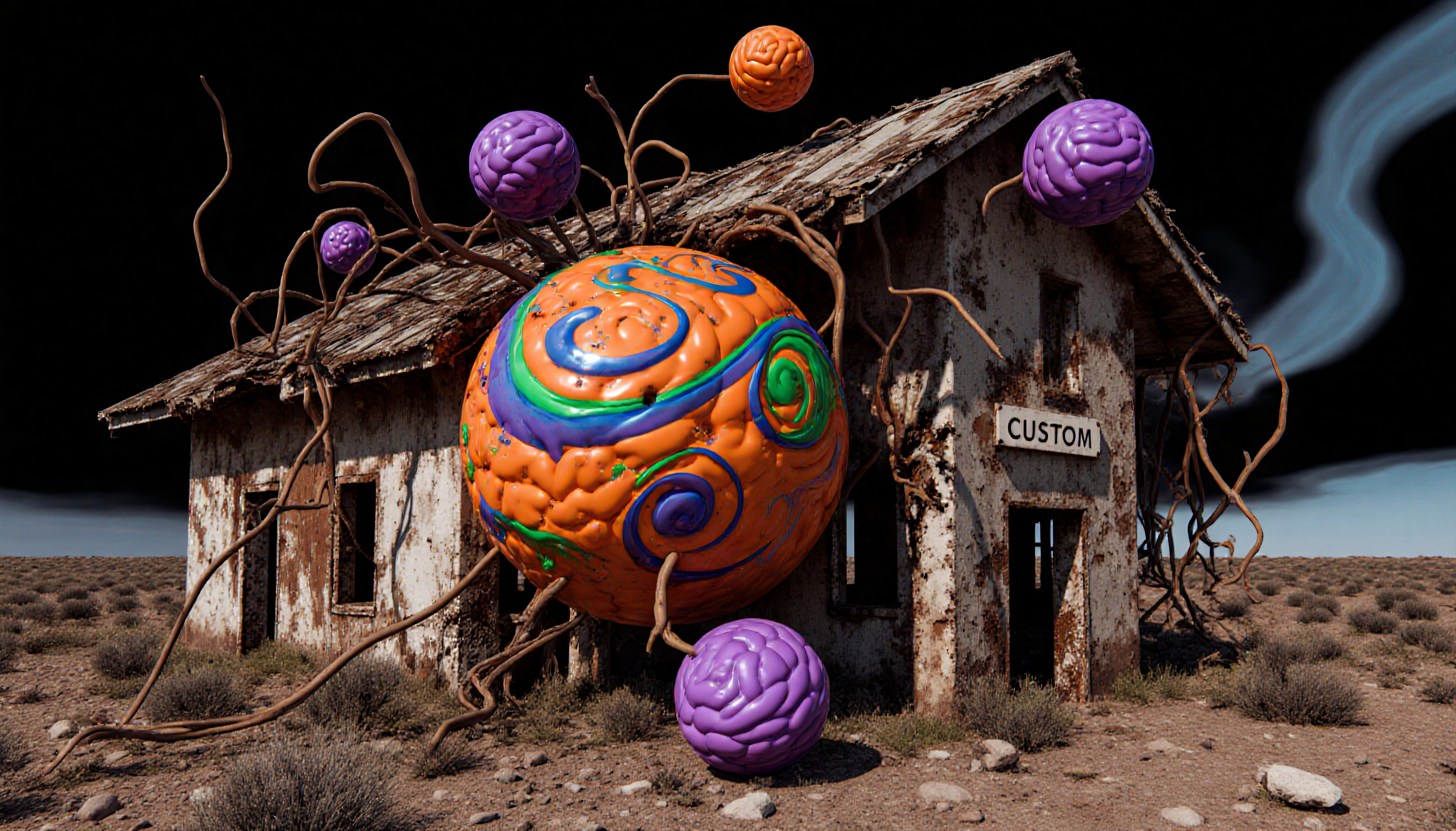 Surreal desert scene with colorful brain-like structures enveloping a worn-out house.