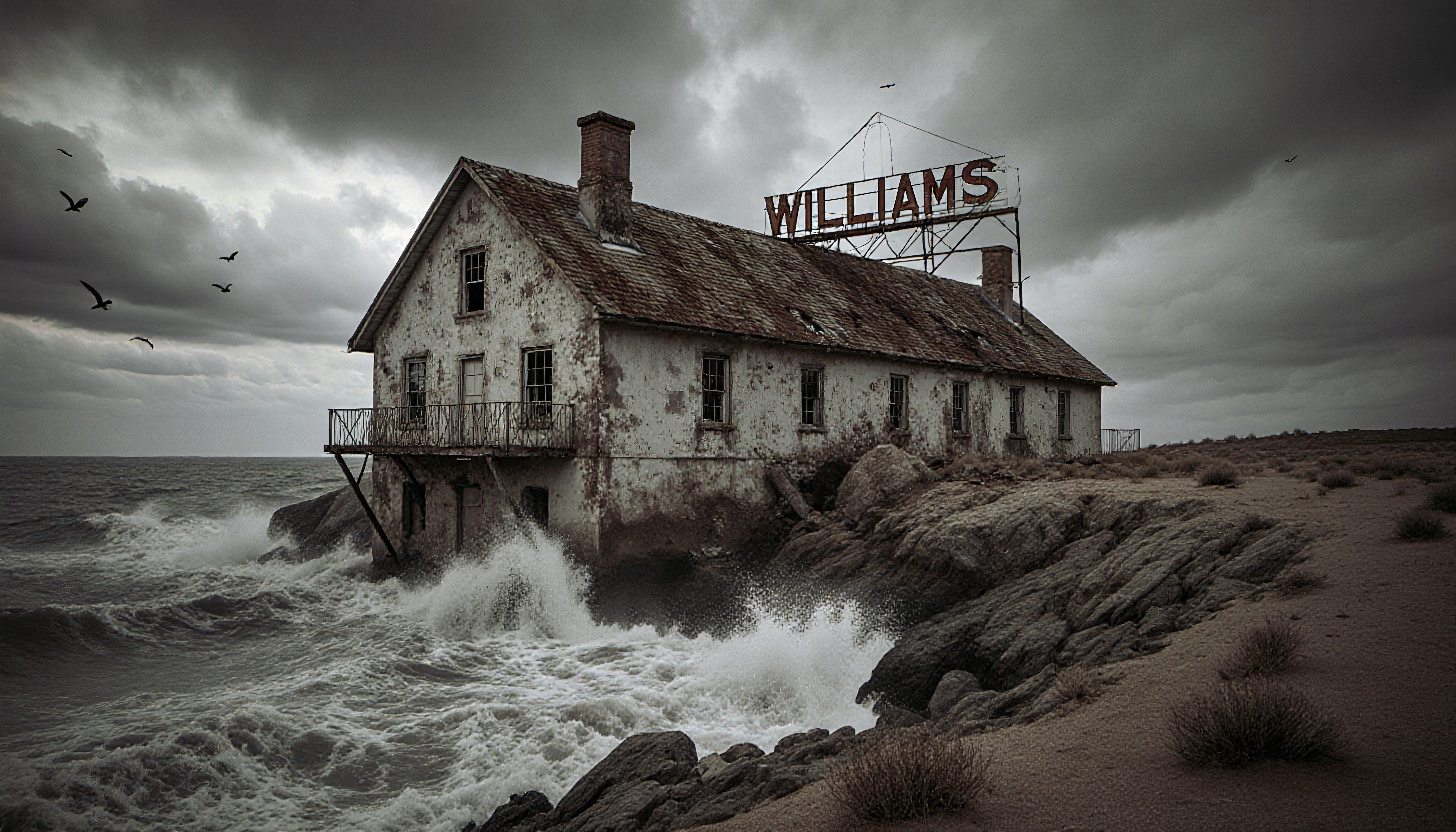 Abandoned Williams house on rocky cliff by stormy sea with crashing waves