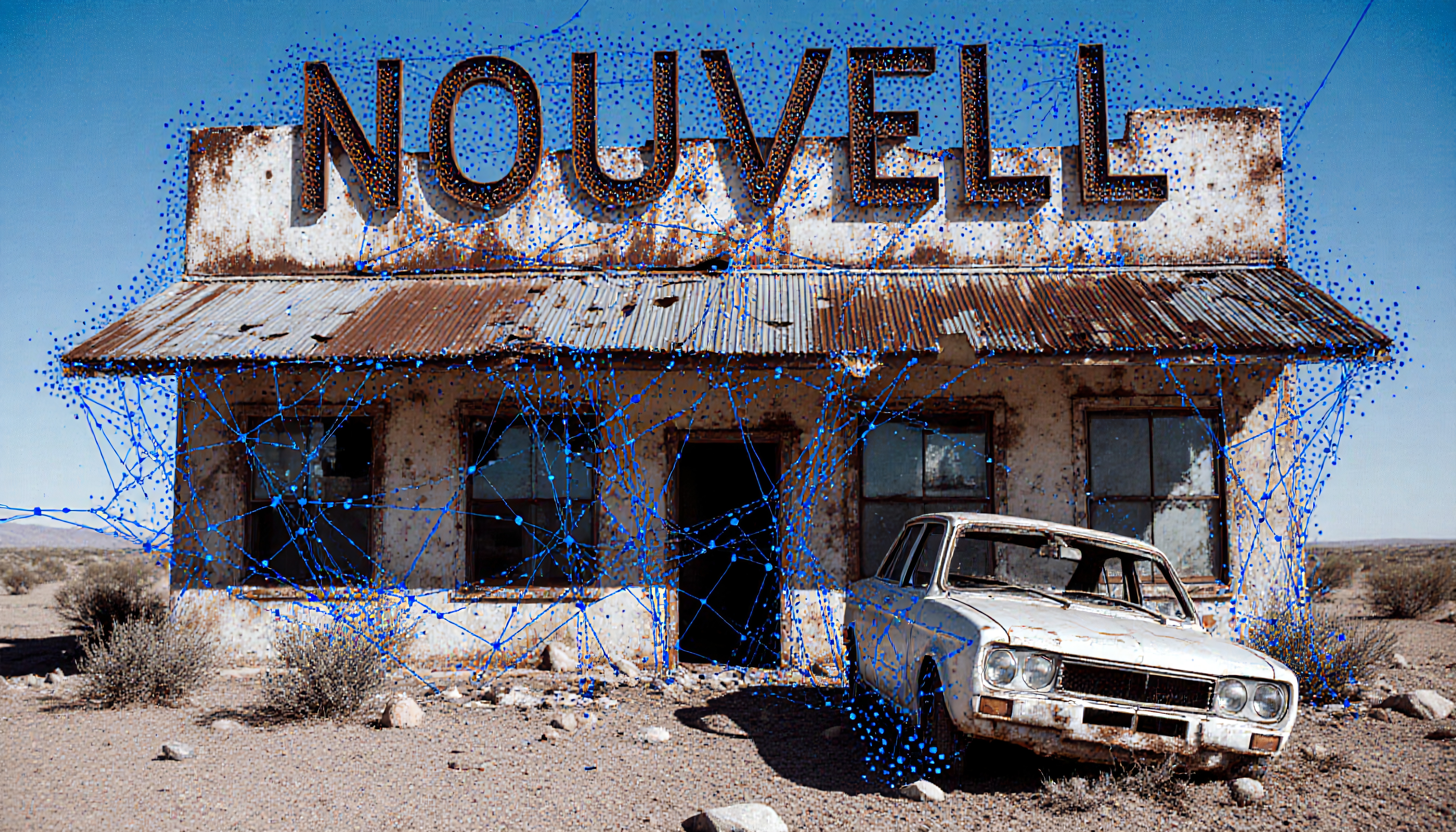 Abandoned building with digital network overlay in a desert.