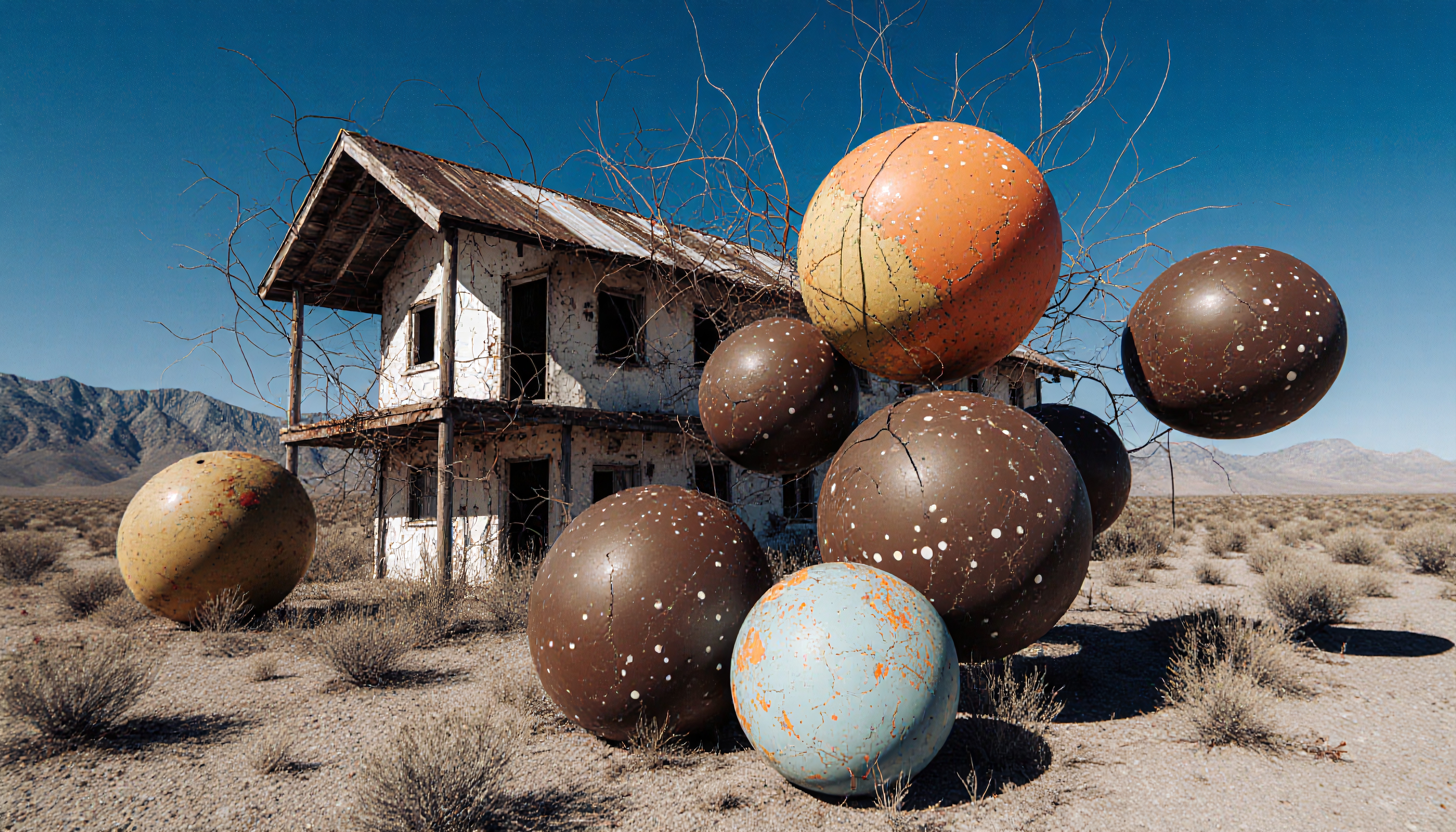 A surreal scene of colorful spheres floating in front of an abandoned house in a desolate desert landscape.