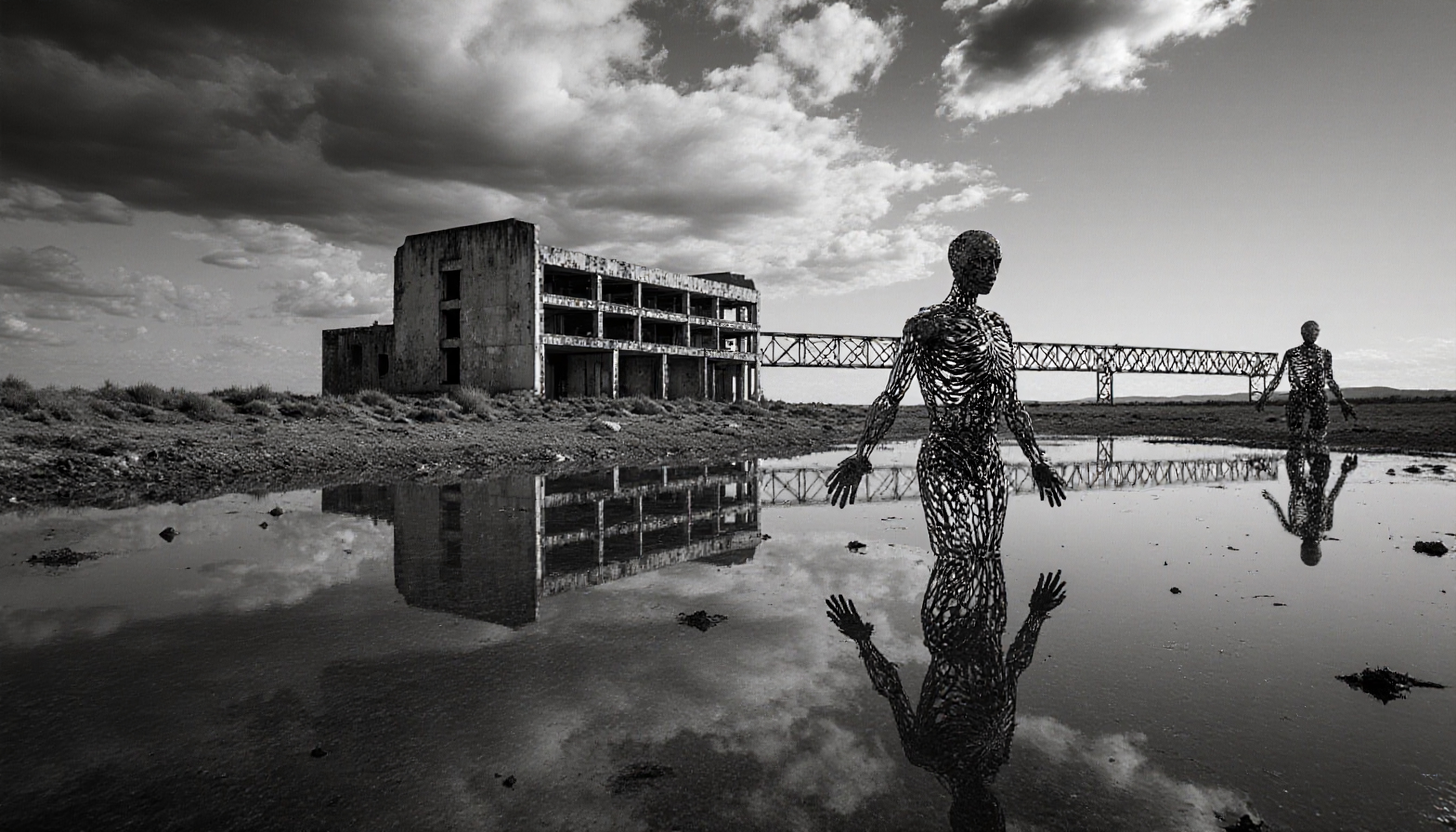 Black and white photo of wireframe sculptures in water reflecting industrial ruins.