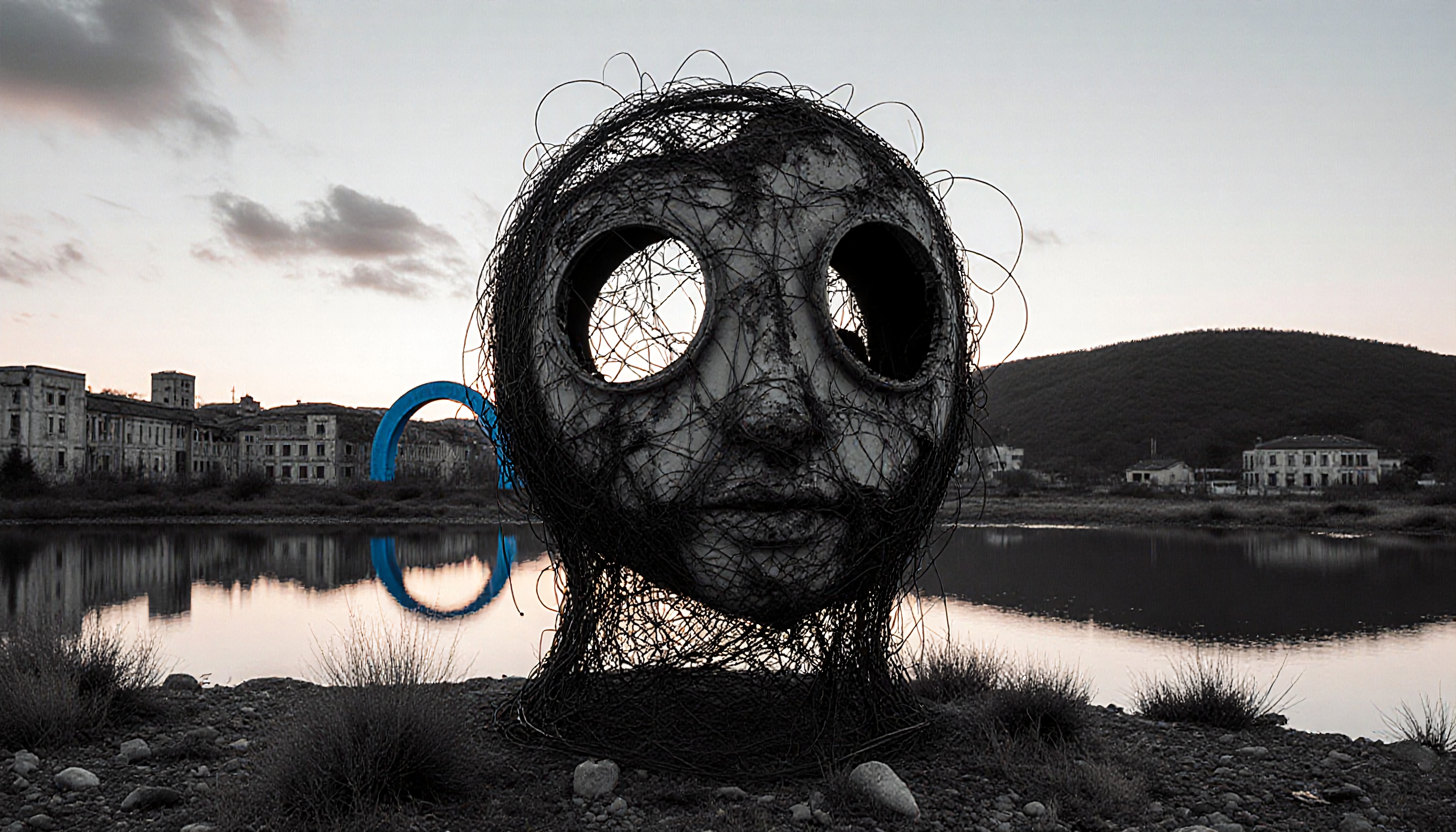 An artistic sculpture with wire face and circular arch by a reflective lake.