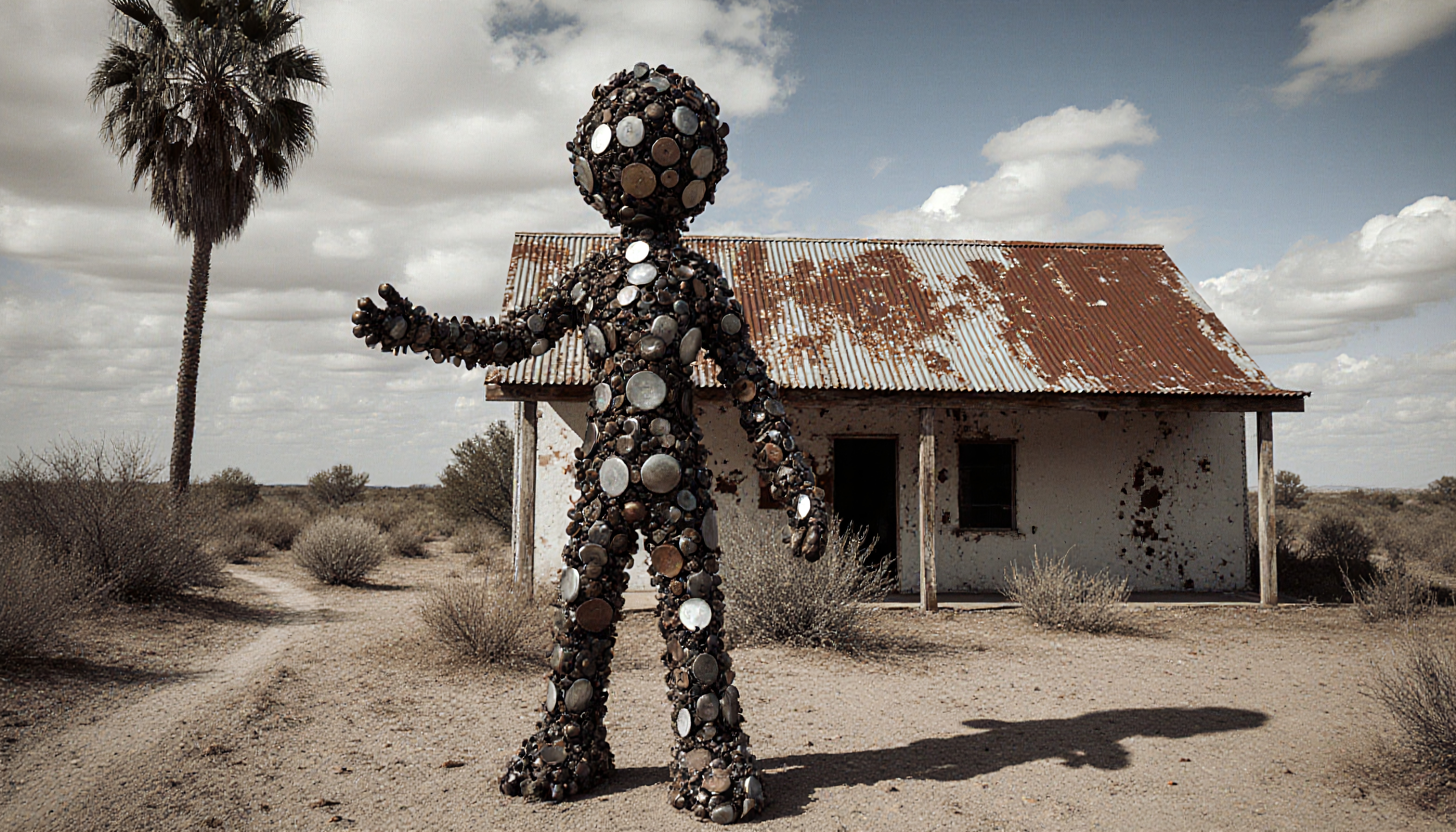 A humanoid figure of reflective discs stands before a weathered desert building under a cloudy sky.