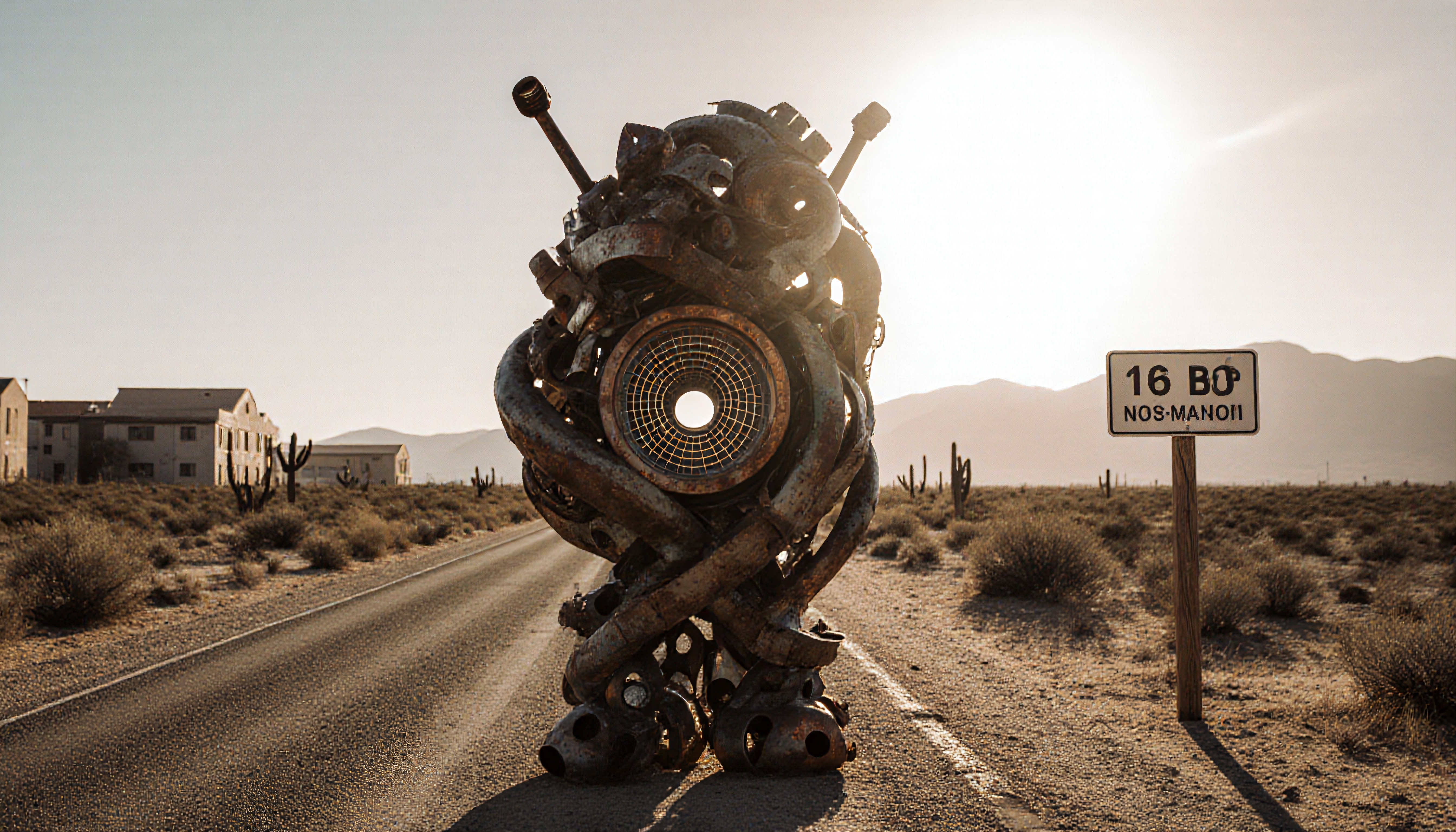 A large robotic sculpture stands on a deserted road under the sun, with a desert landscape and road sign in the background.