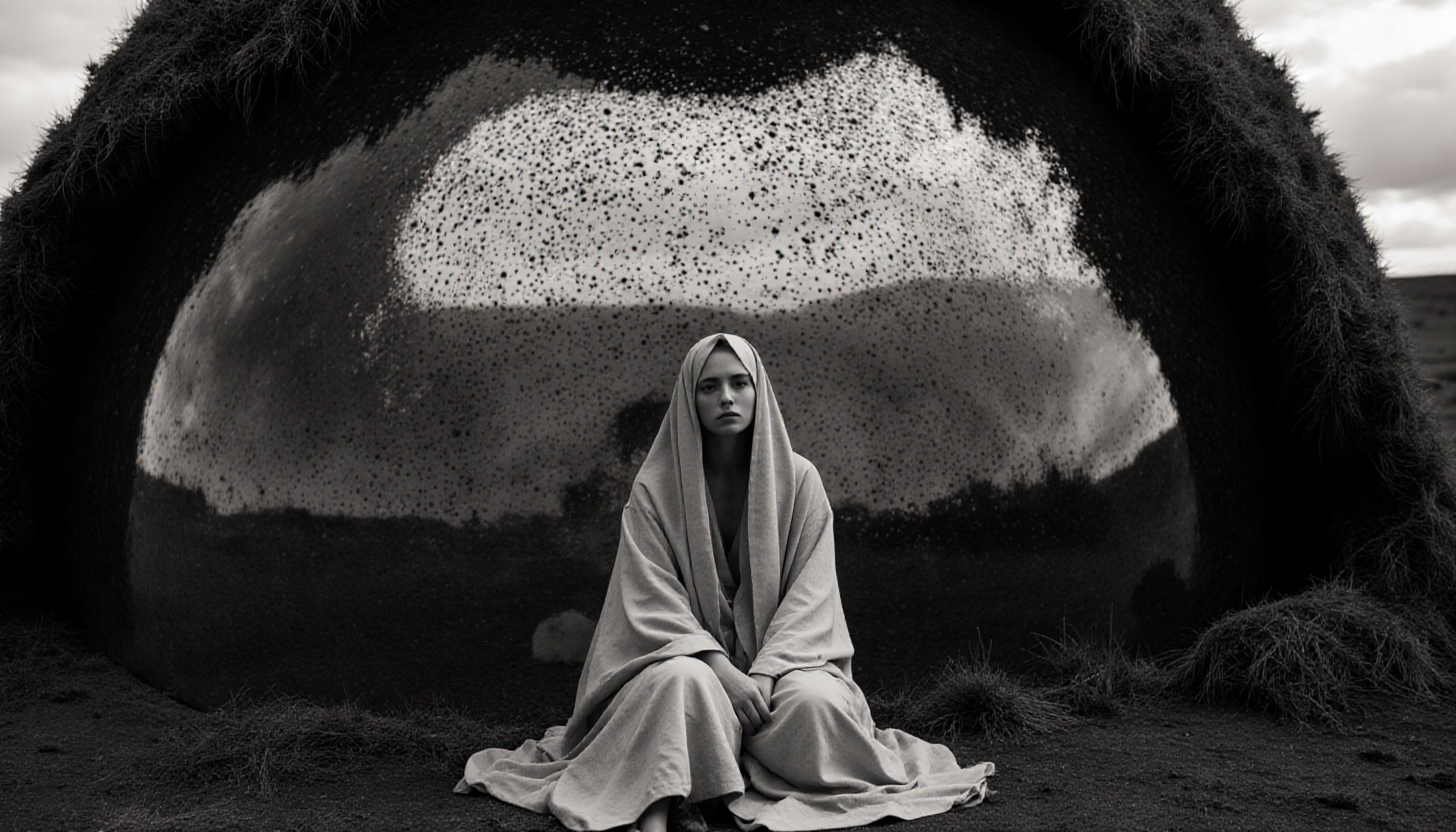 A woman in a robe sits in front of a reflective dome, surrounded by grass, in a monochromatic, contemplative scene.