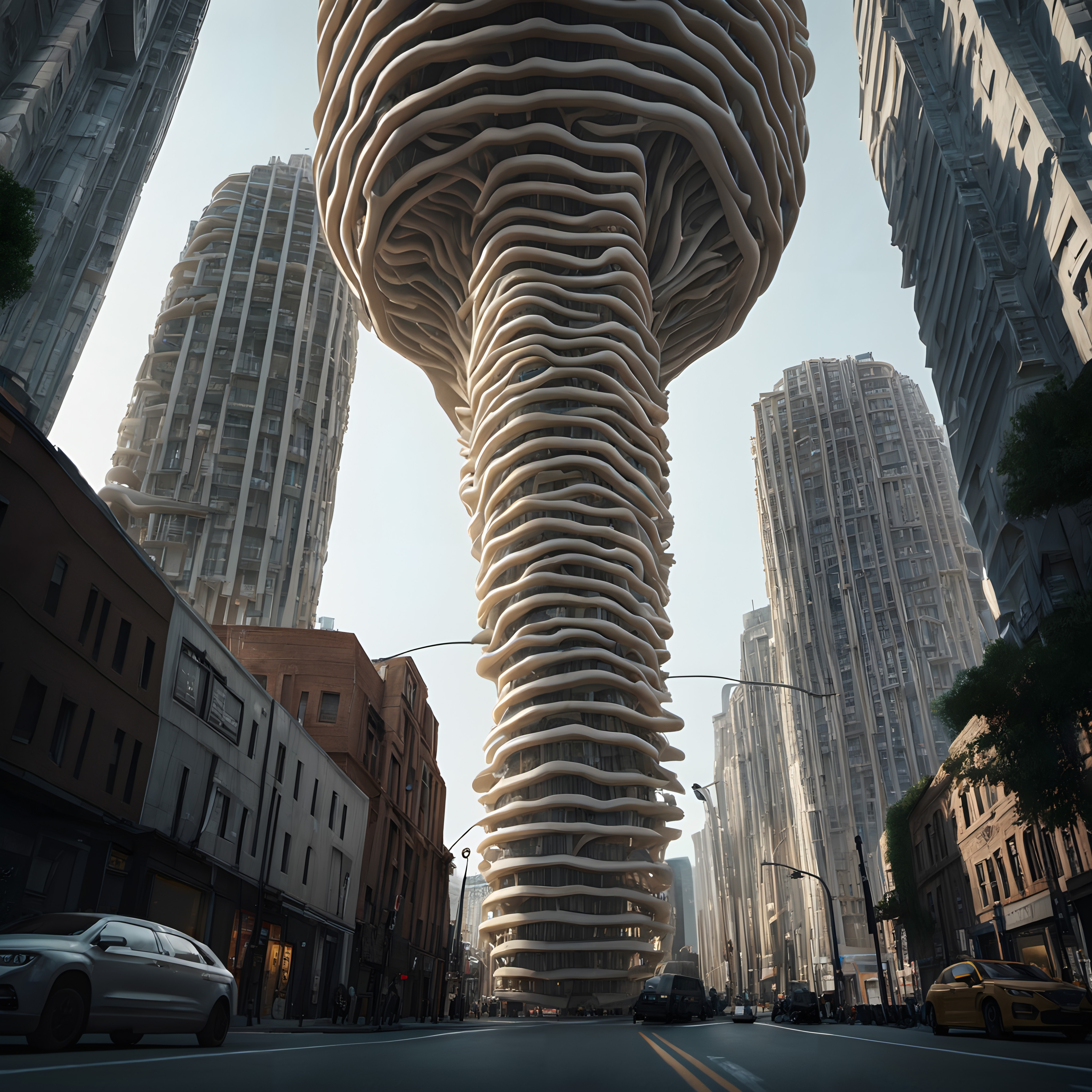 A bustling city street with a towering modern building featuring a swirling architectural design among traditional skyscrapers.