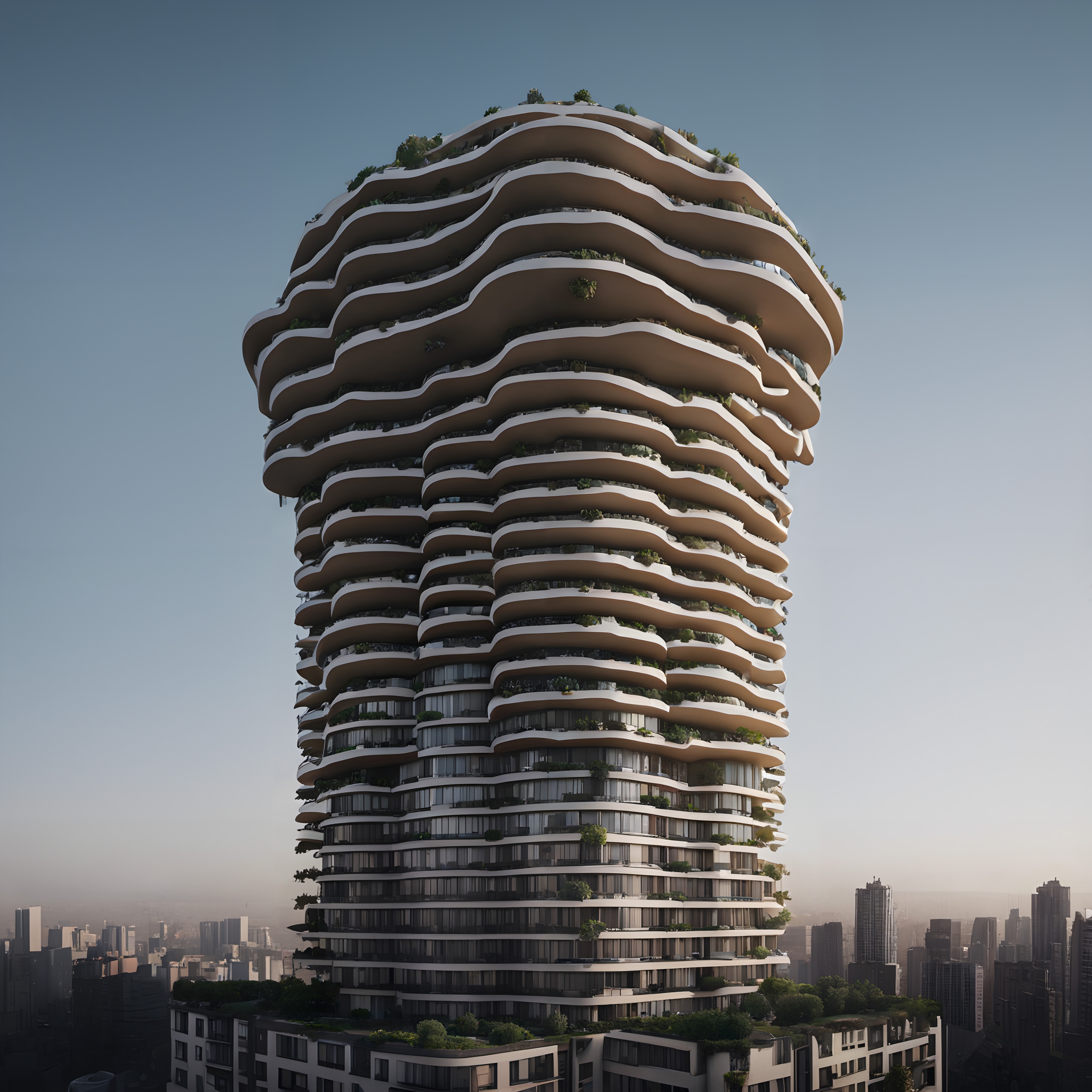 A modern skyscraper with wavy, greenery-filled balconies amidst a city skyline.