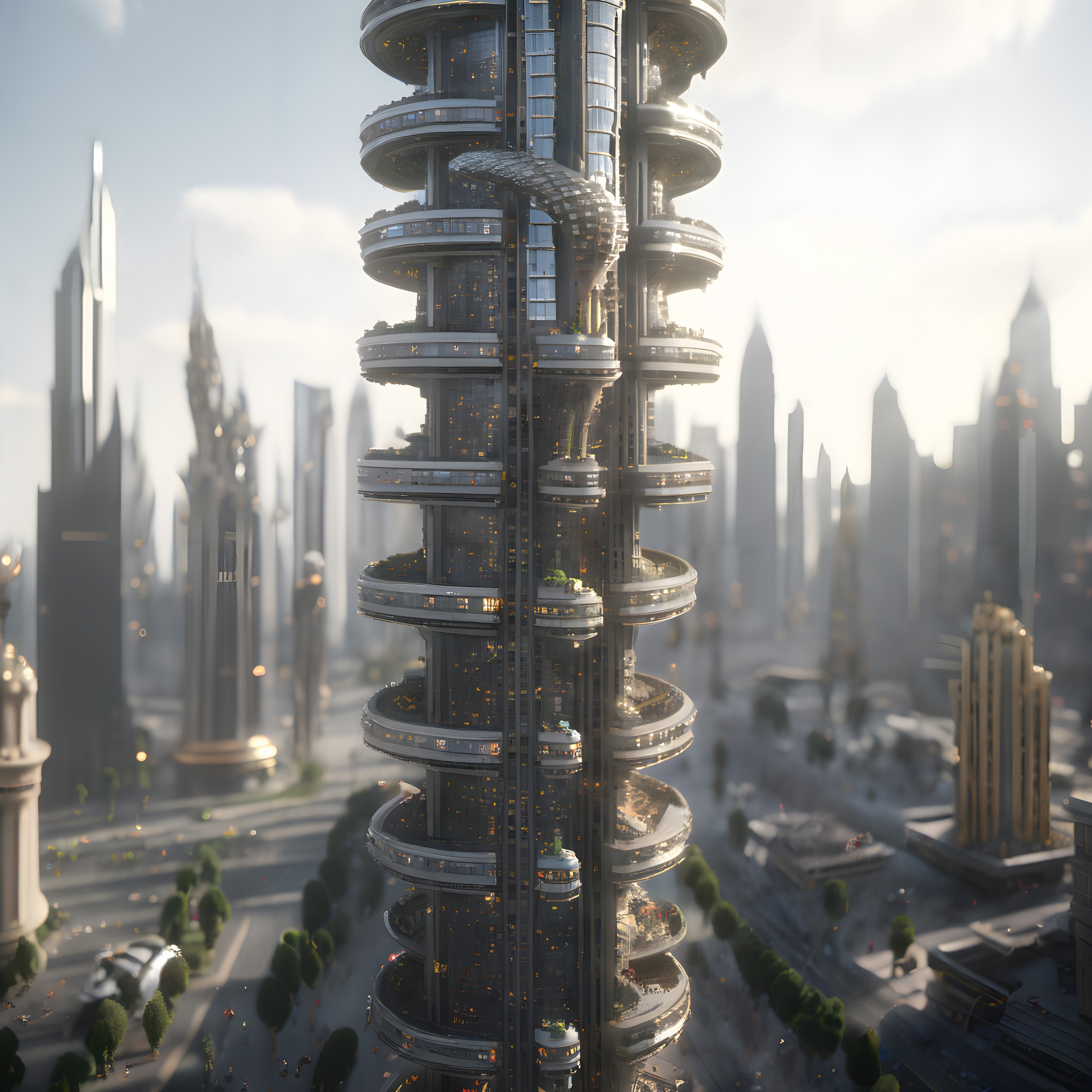 Futuristic cityscape with towering skyscrapers and green spaces.