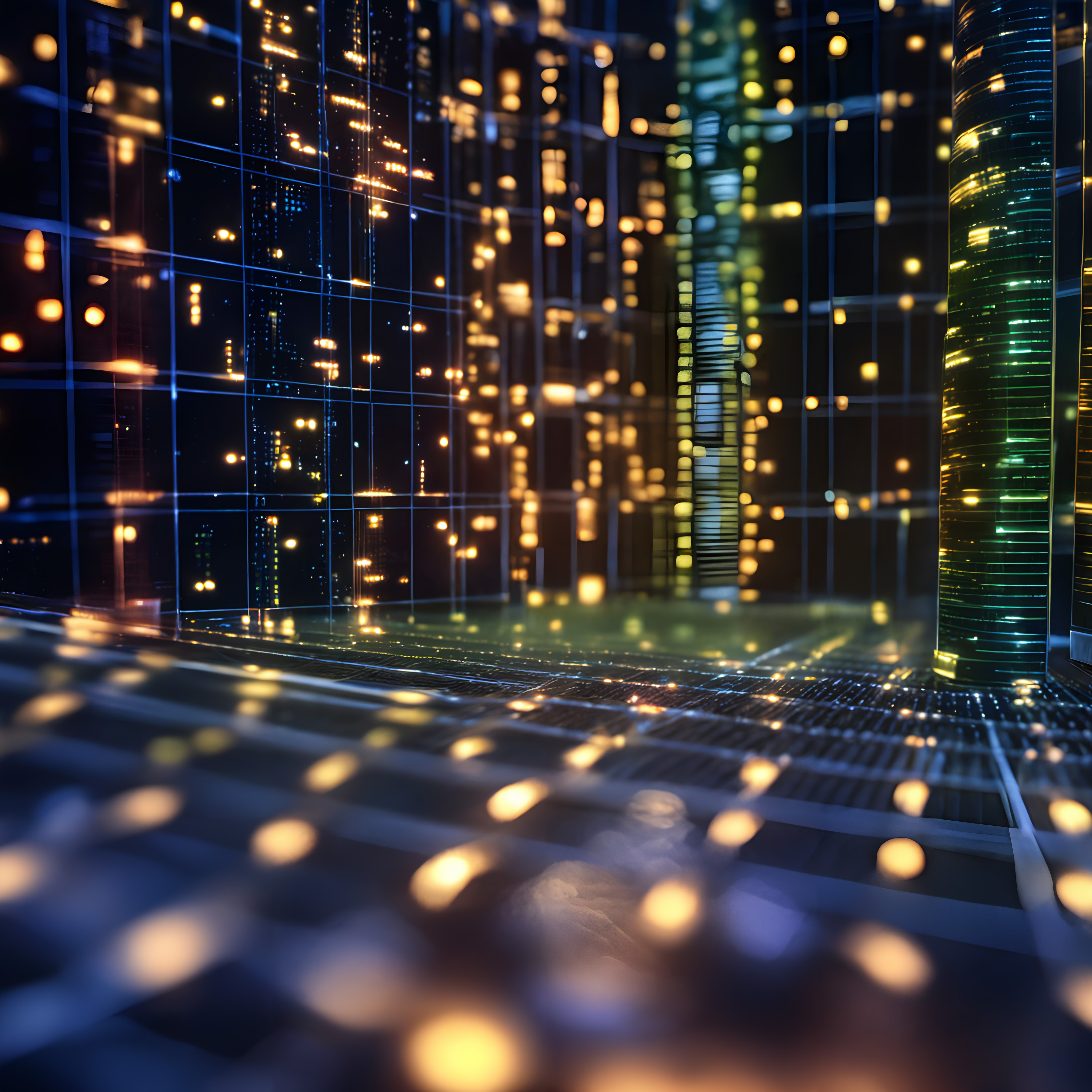 Futuristic Digital Cityscape with Glowing Grid Overlay for Techn