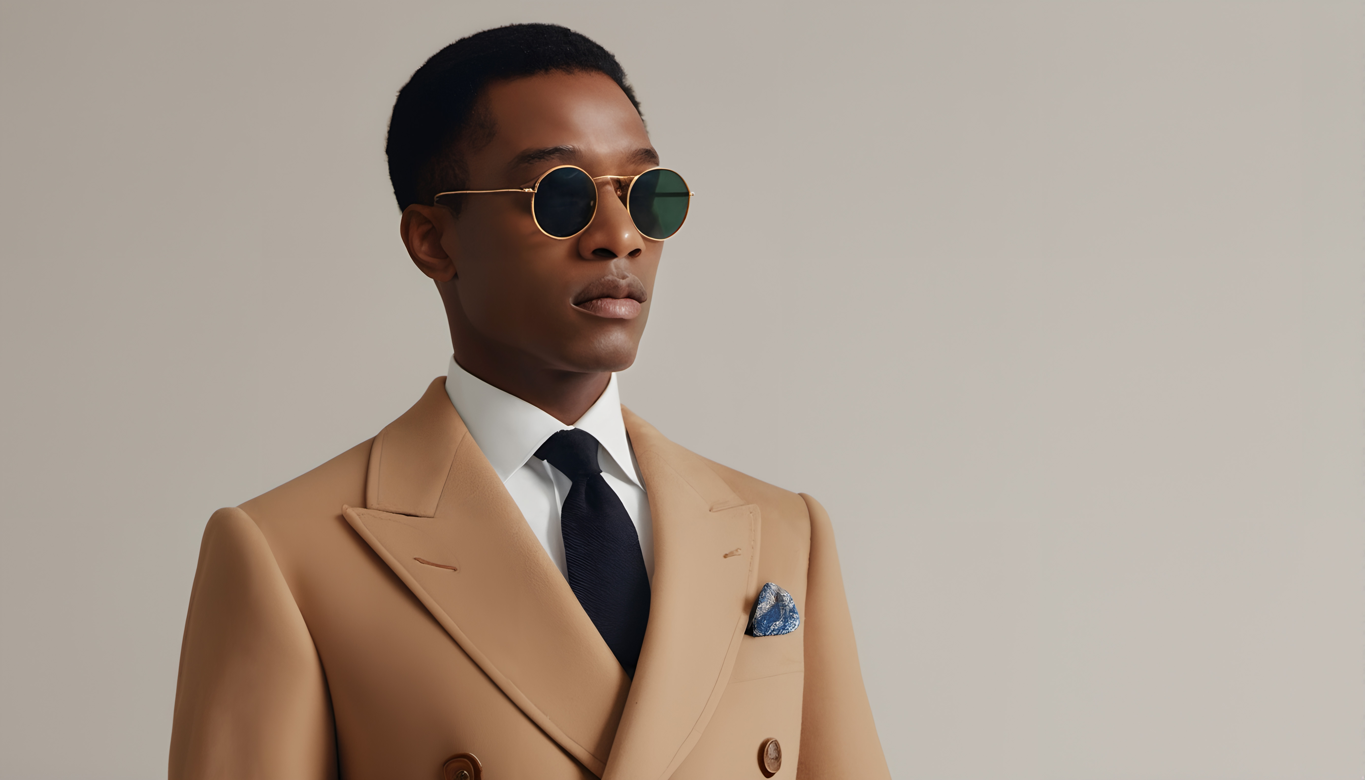 A person in a camel-colored blazer, white shirt, and sunglasses exudes elegance and modern style.