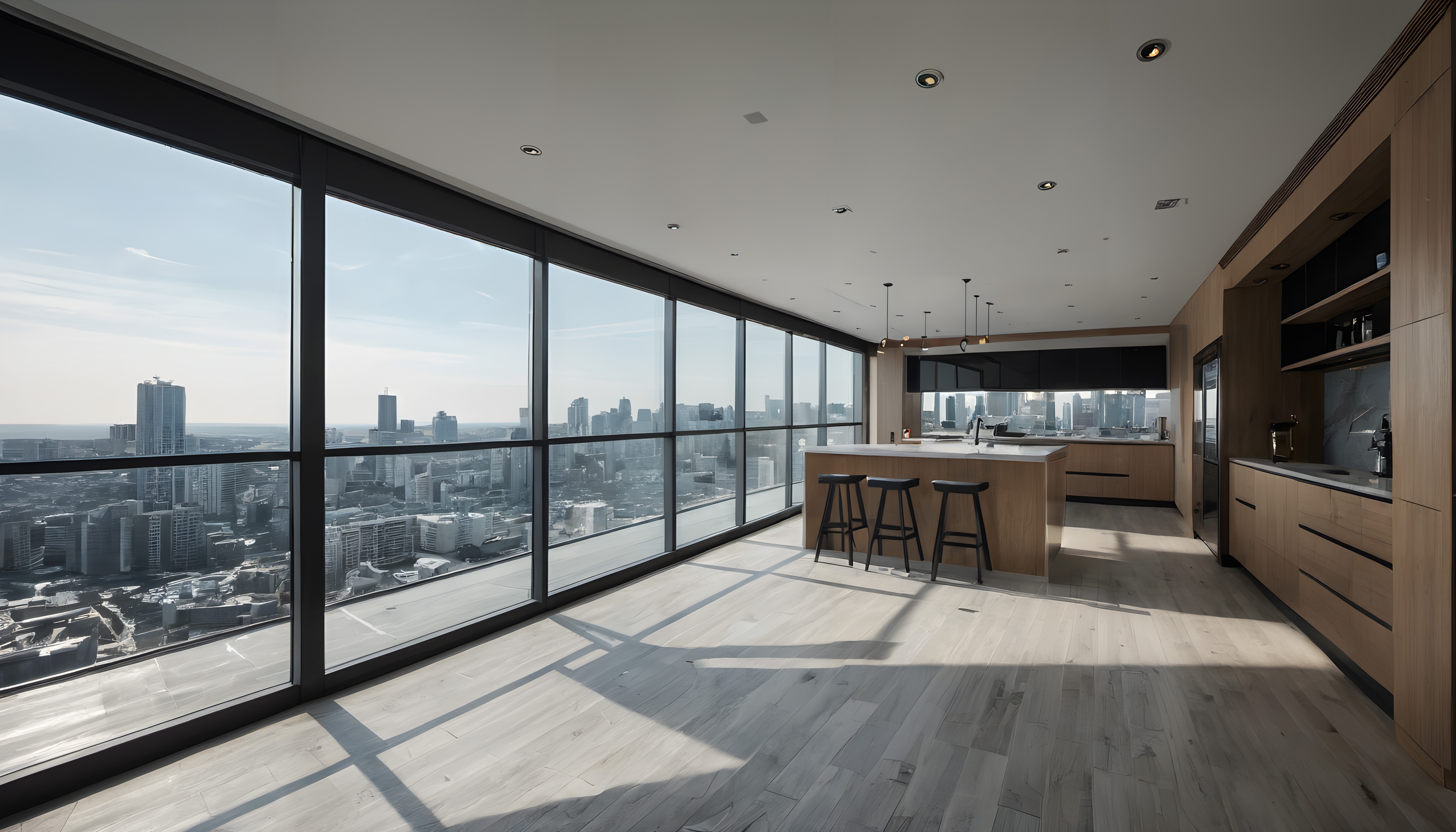 Modern kitchen with panoramic urban skyline view through large windows, featuring wooden cabinetry and sleek design.