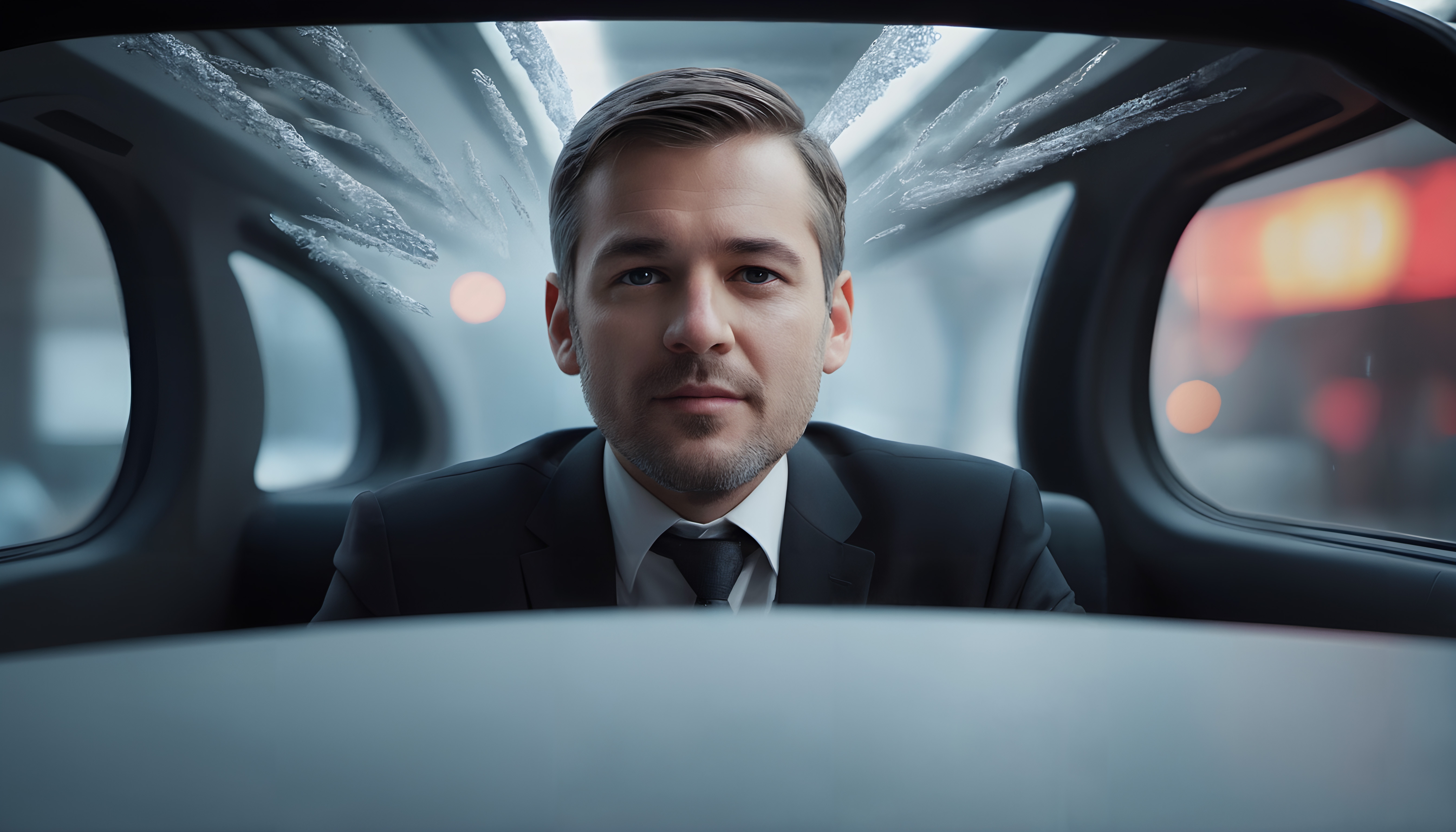 Businessman in a sleek car interior with frost.