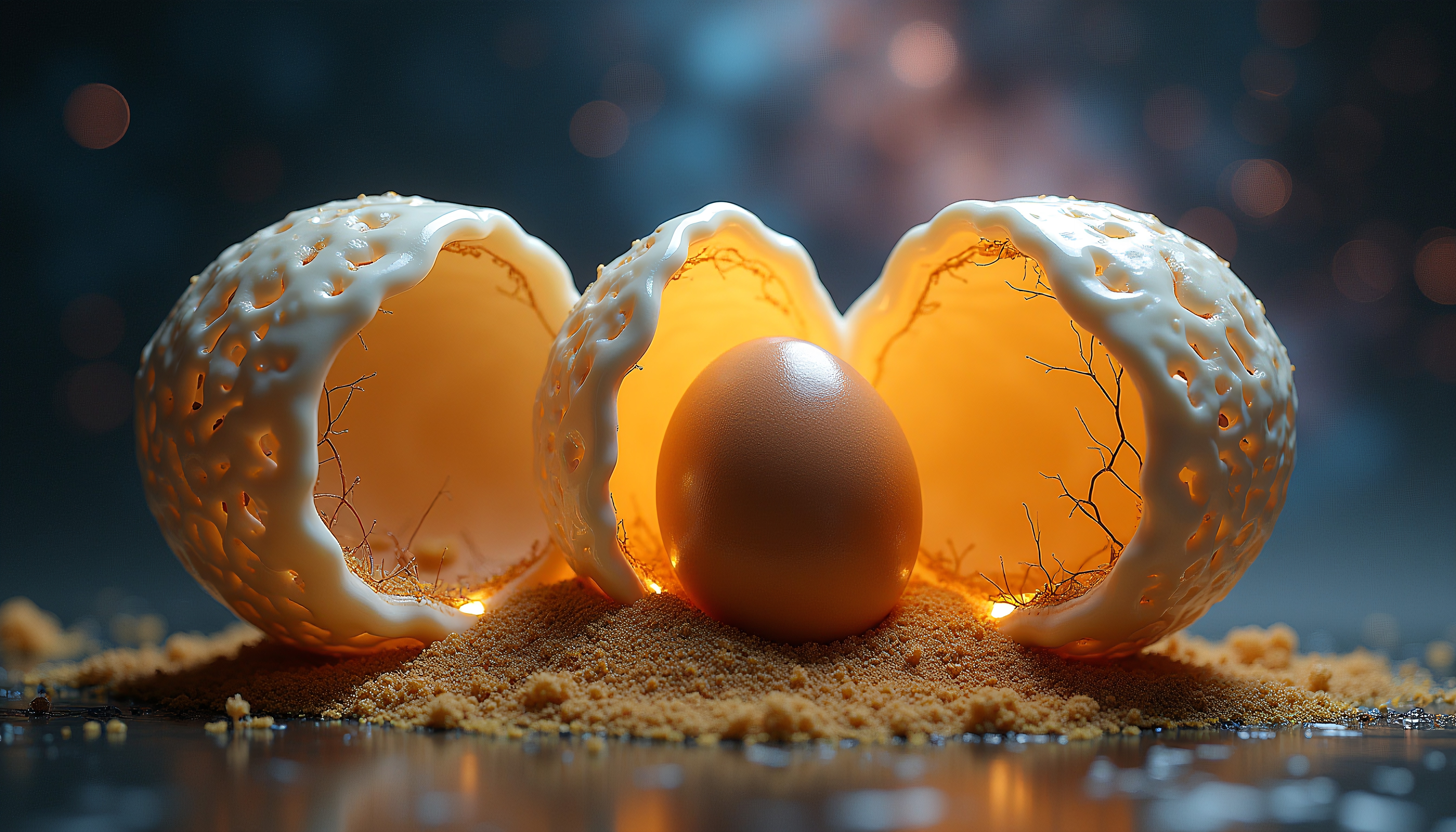 A glowing egg nestled in an intricately textured shell with warm lighting.