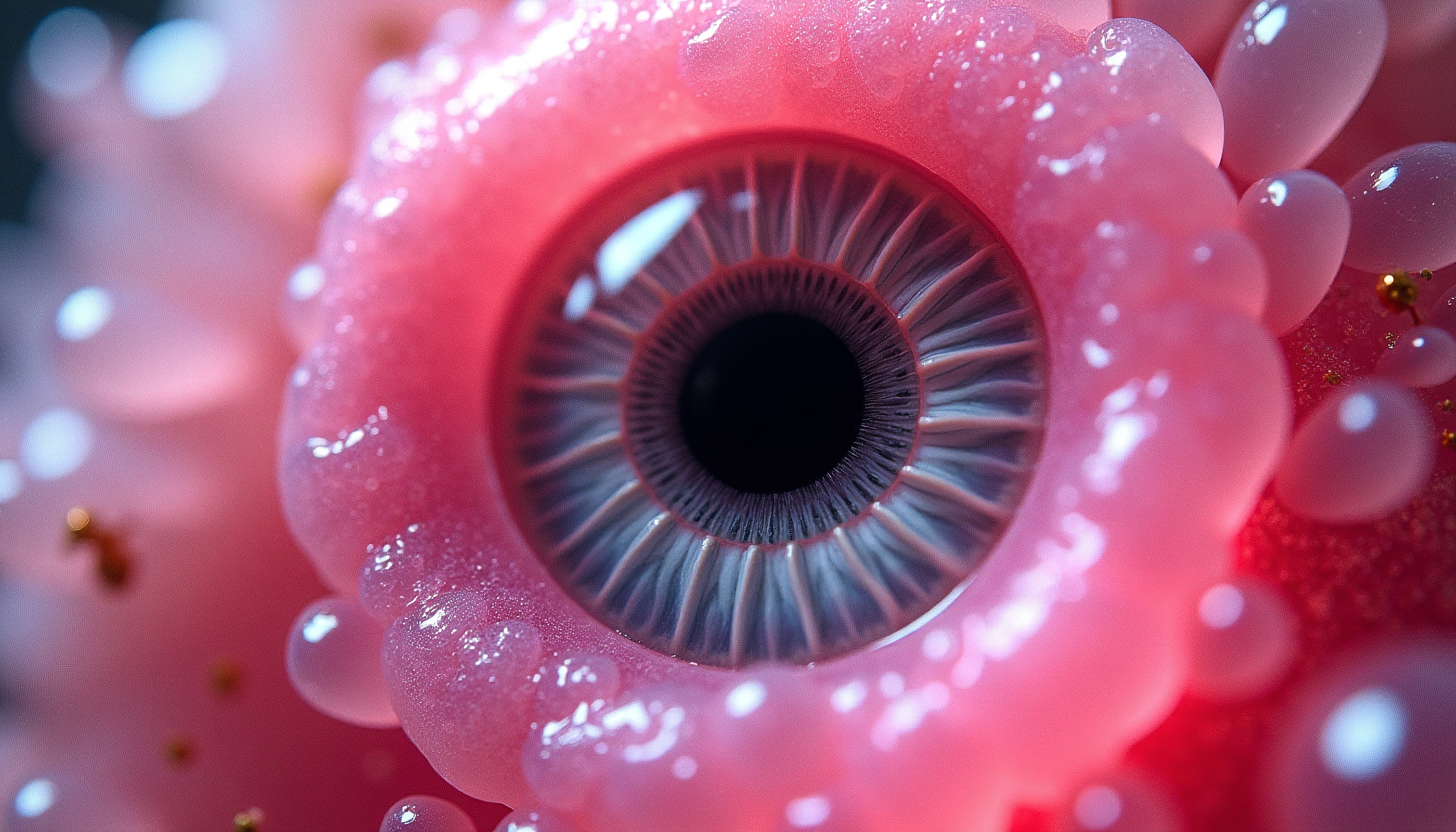 A surreal image of a blue-gray eye encased in translucent pink bubbles with golden specks, creating a dreamlike and mysterious atmosphere.
