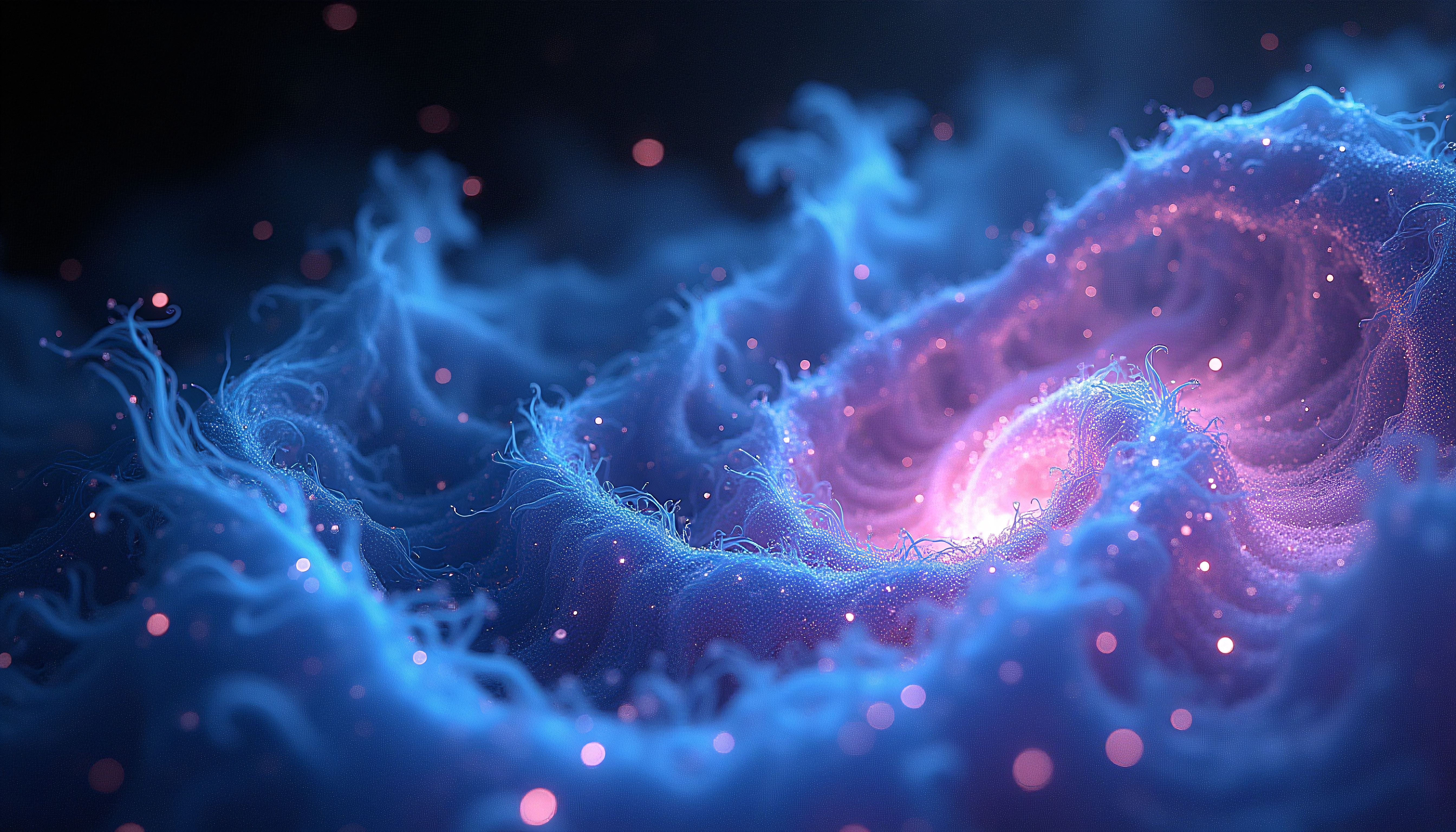 Vibrant abstract scene with swirling blue and pink, glowing with cosmic energy.
