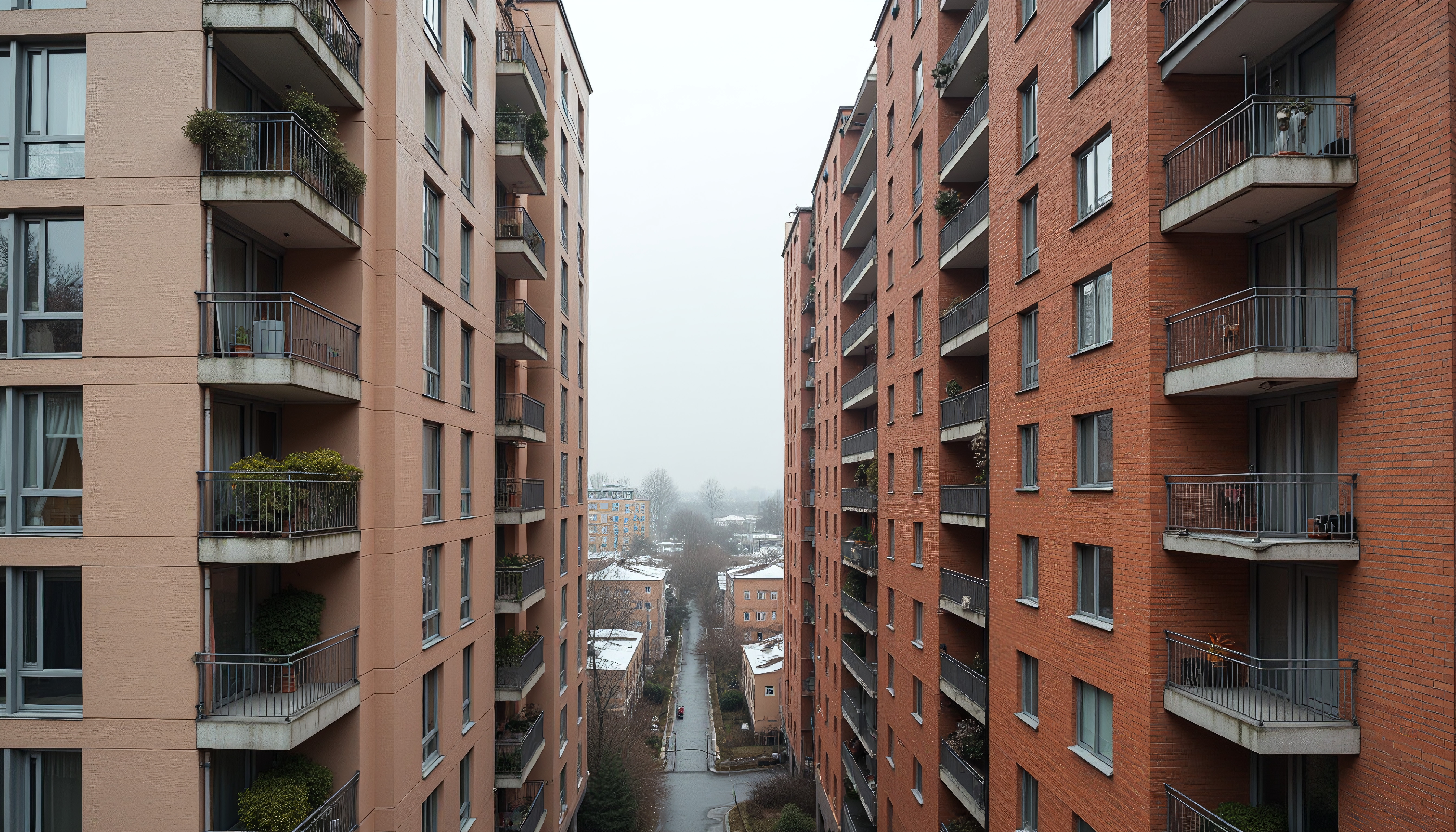 View between two tall apartment buildings on a cloudy day.