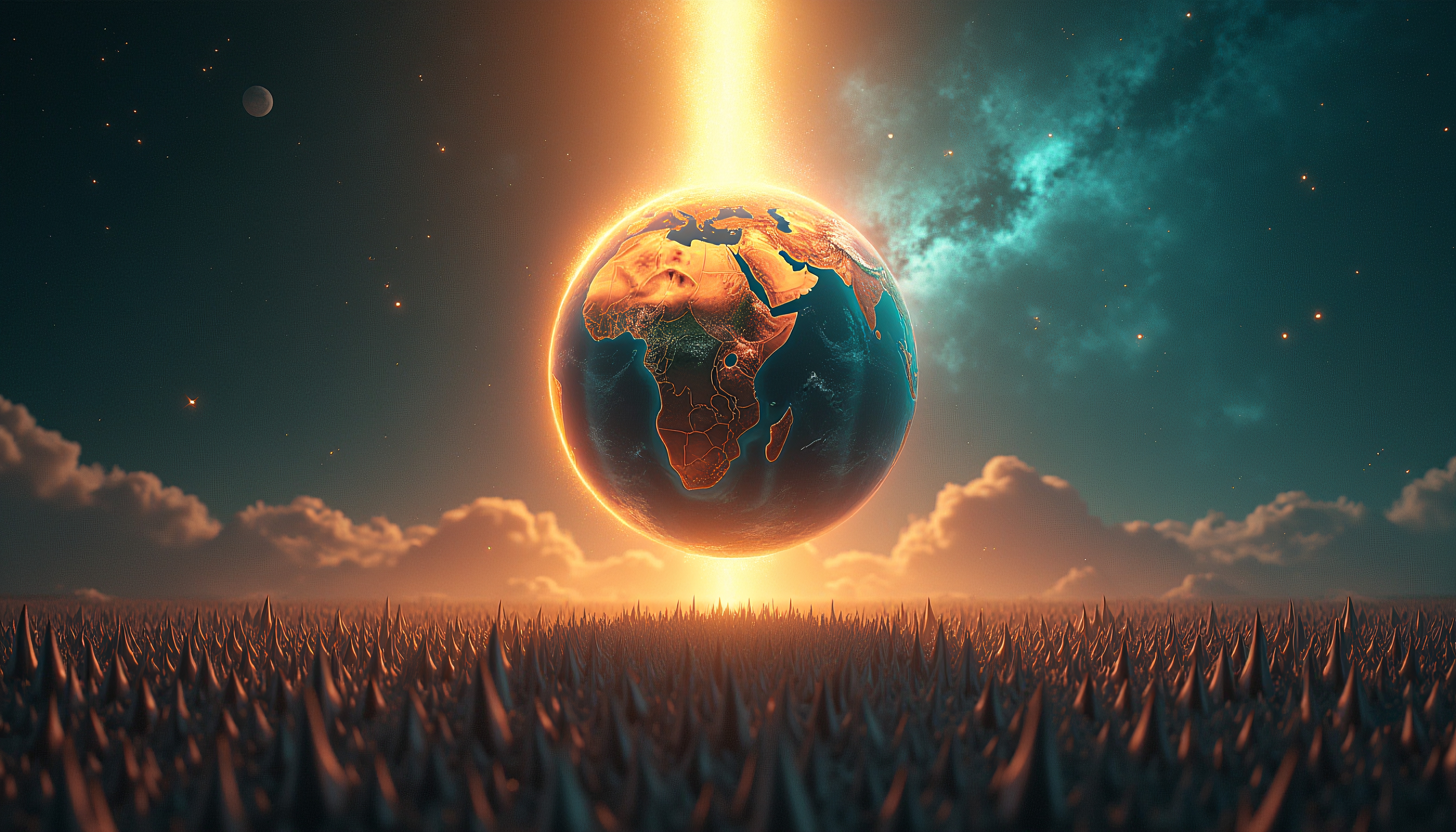 Vibrant depiction of Earth in cosmic environment, glowing light connection.