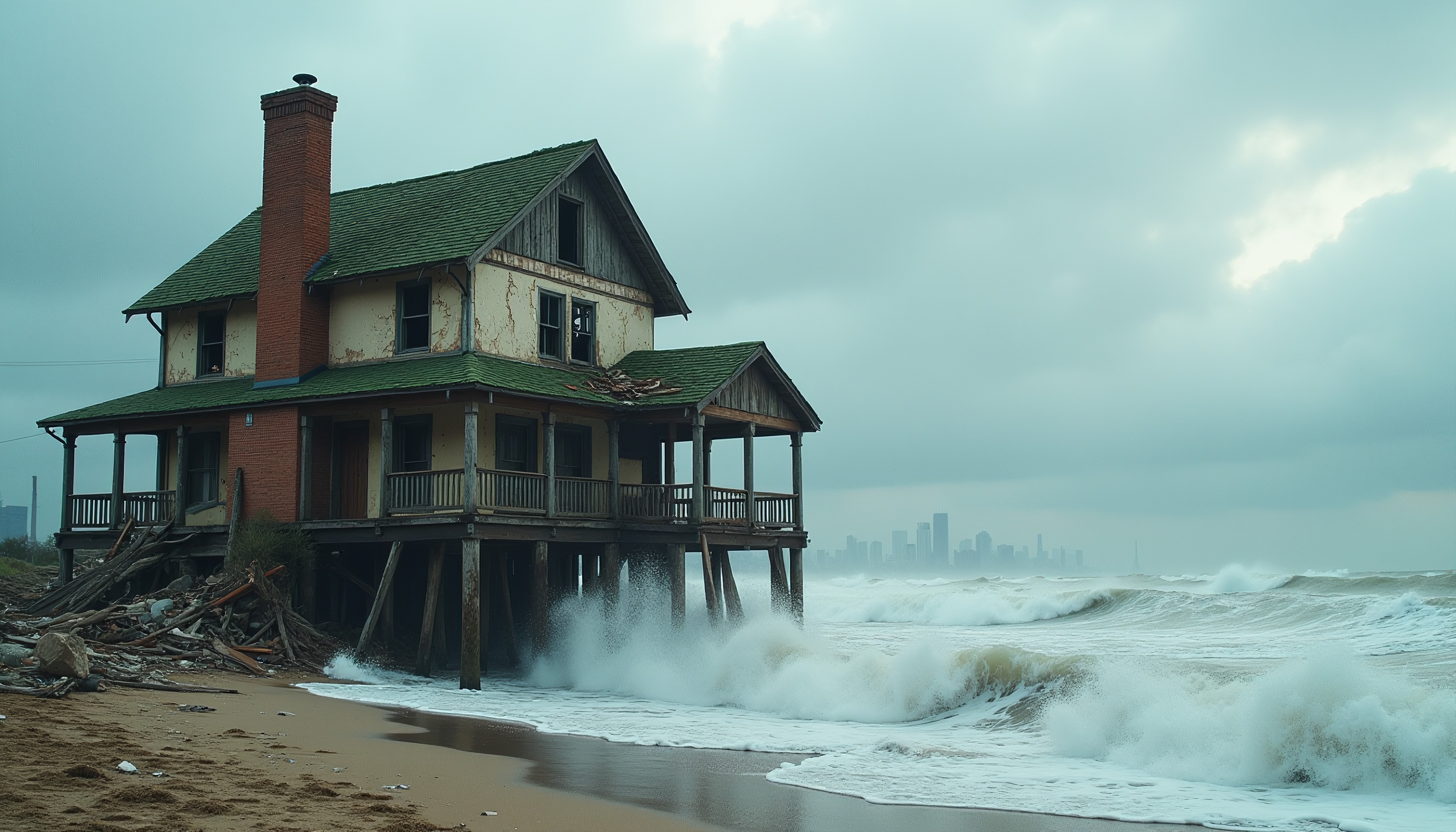 Abandoned house by stormy beach with city skyline in background.