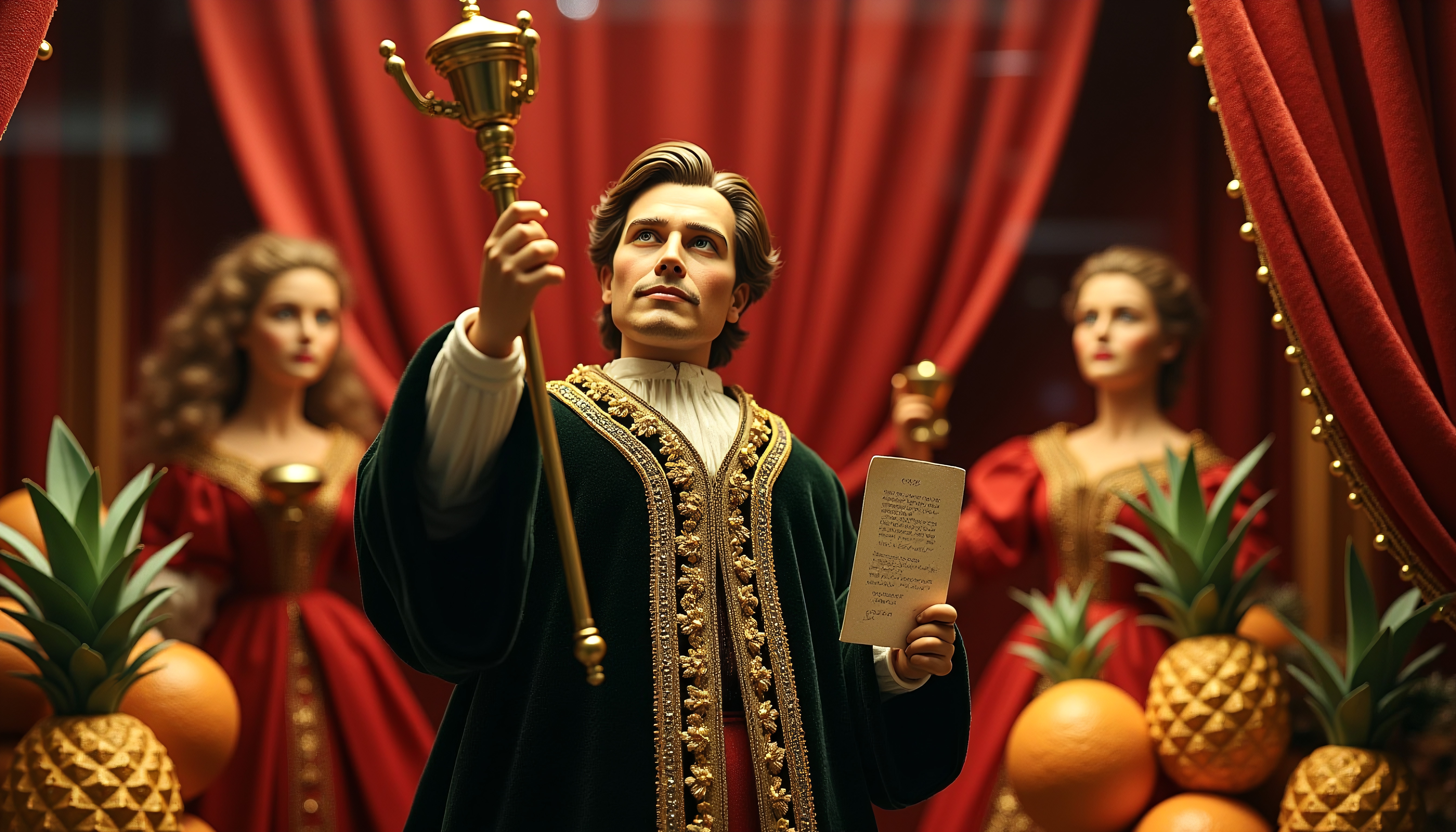 A man in rich costume holds a goblet and scroll in a regal scene.