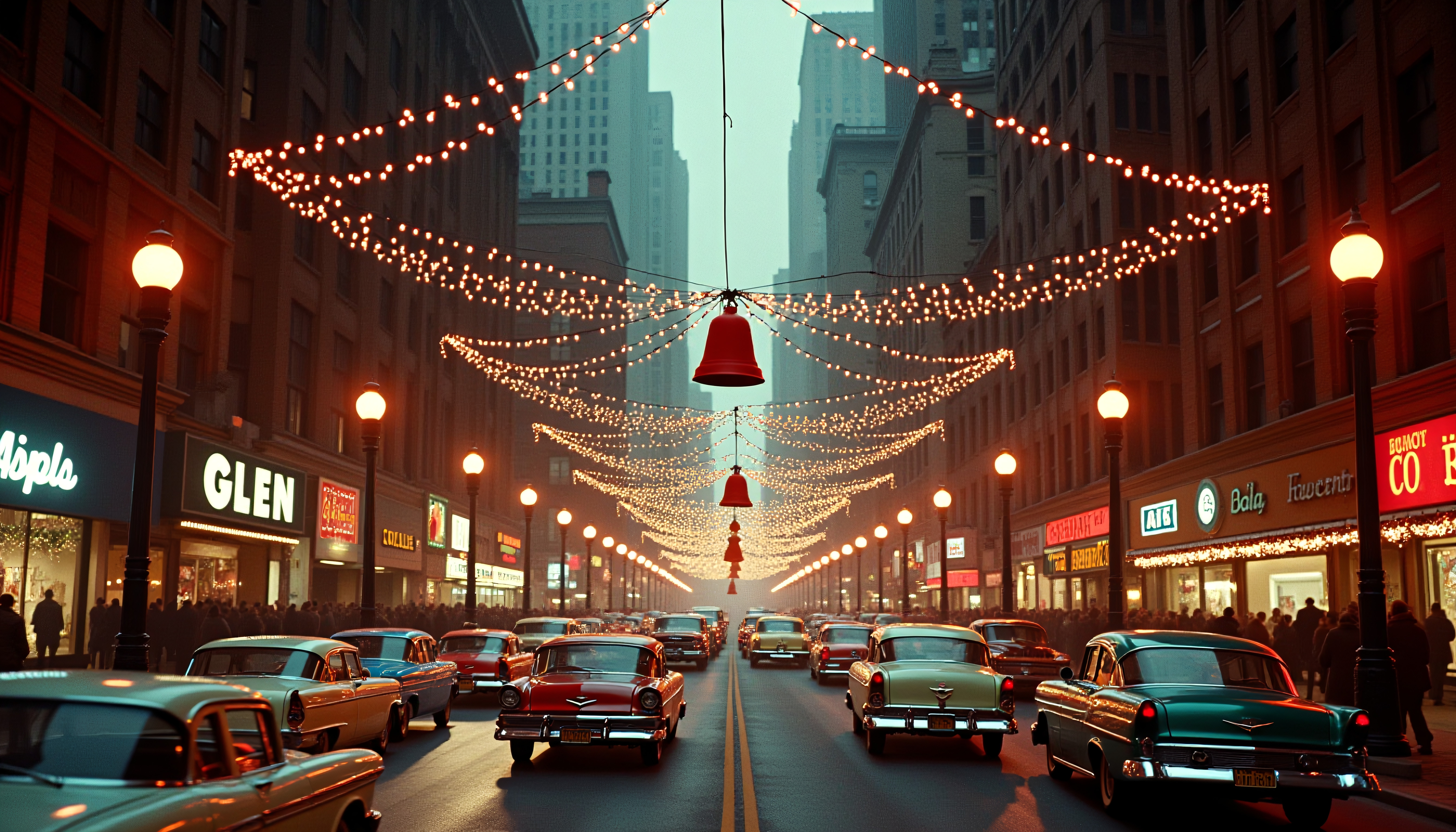 Vintage city street adorned with festive lights.