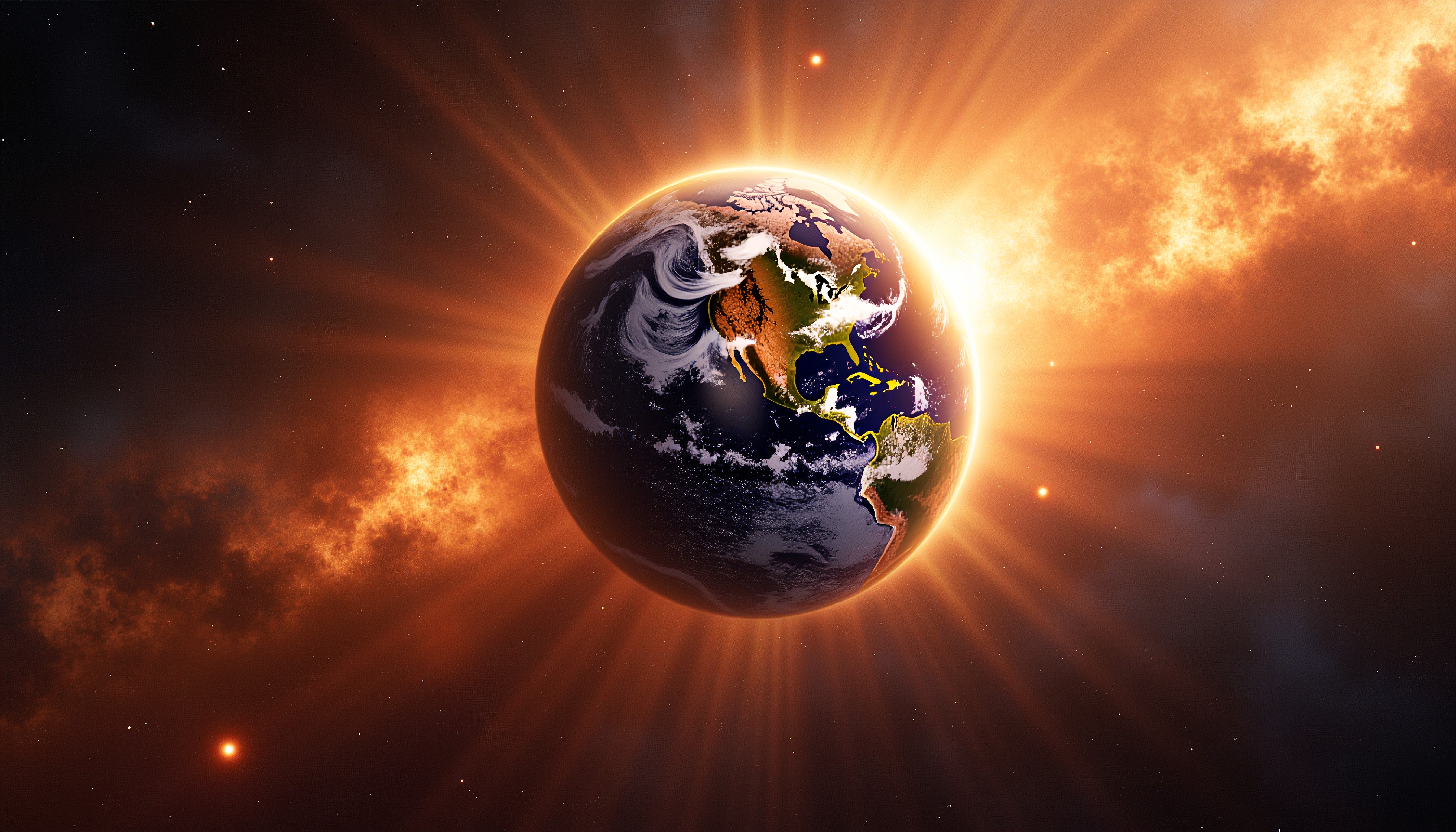 A breathtaking view of Earth from space, illuminated by a warm celestial glow with swirling clouds and cosmic formations.