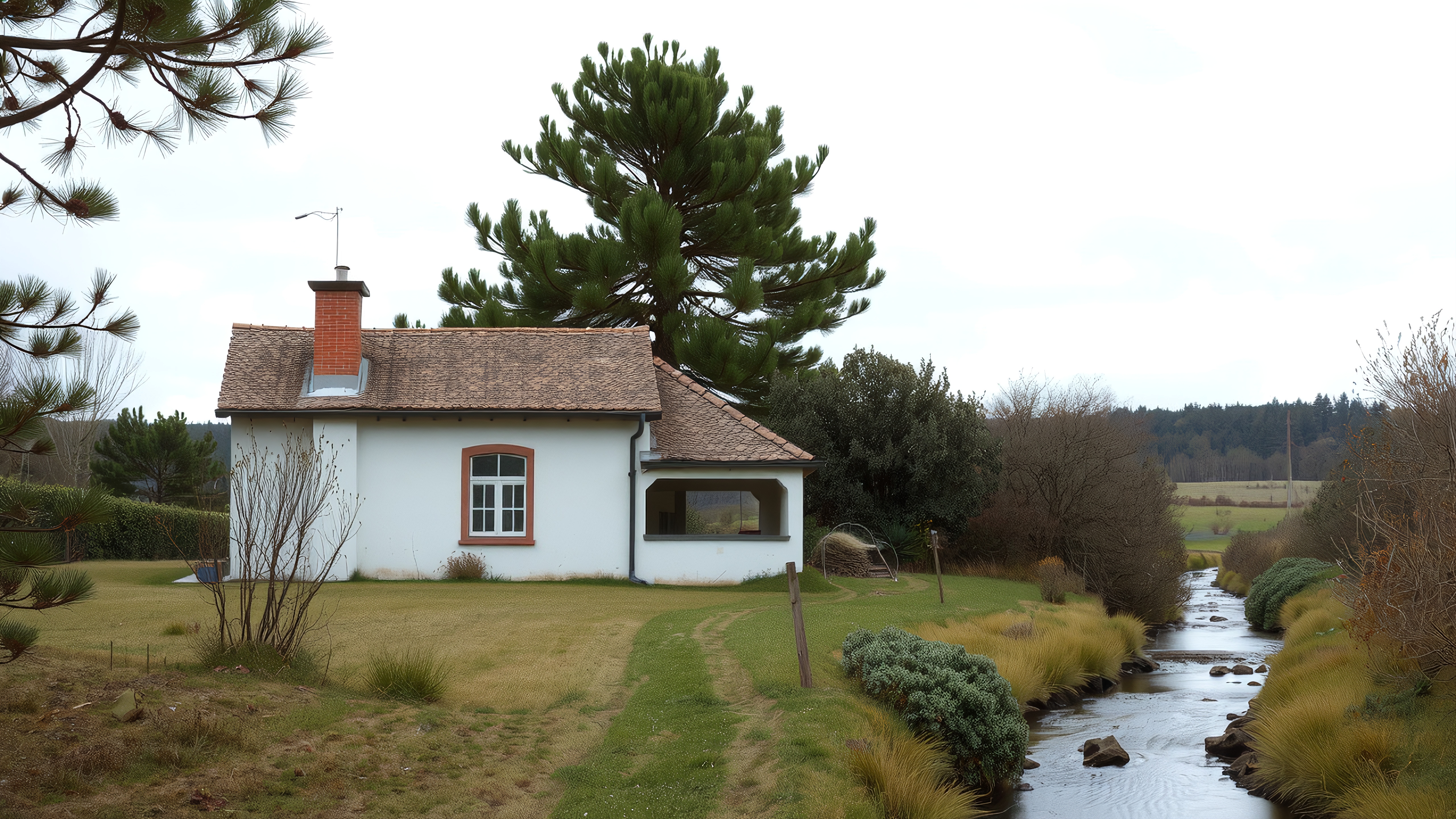 Charming countryside house beside a flowing stream amidst lush greenery, perfect for a tranquil retreat.