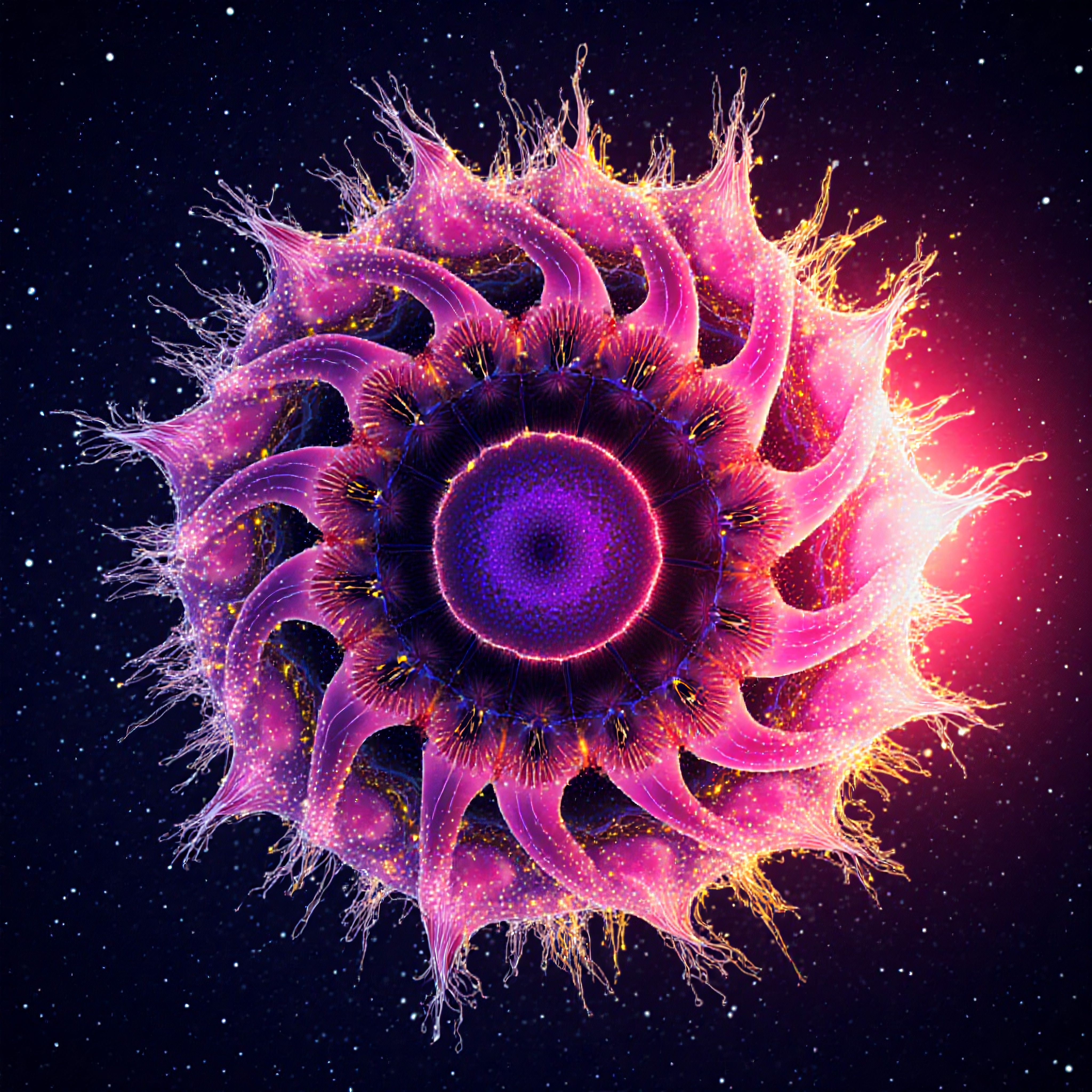 Vivid abstract digital artwork depicting a cosmic jellyfish with vibrant colors against a starry space background.
