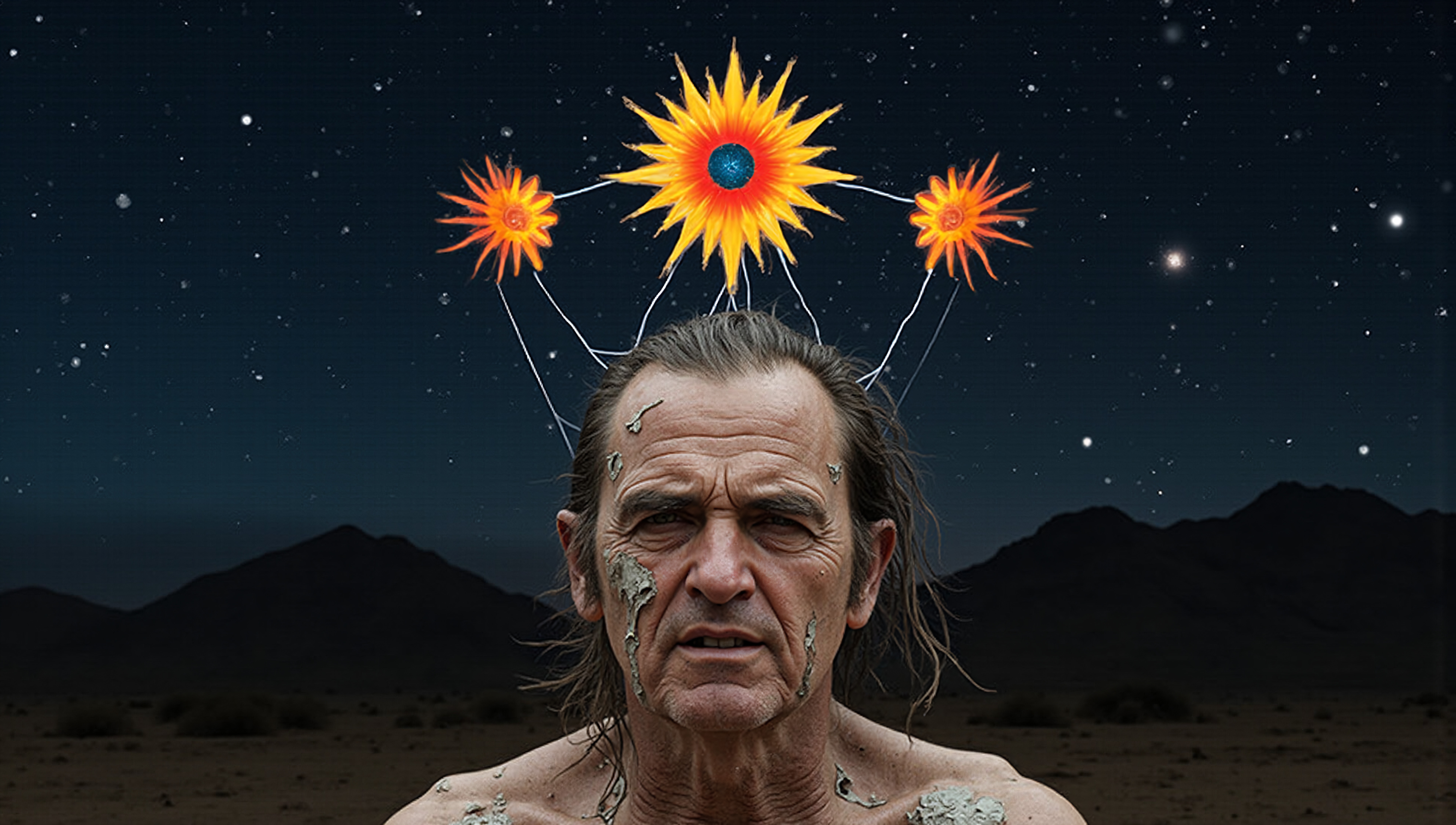 Man with cosmic flowers glowing on his head under a starry night sky.