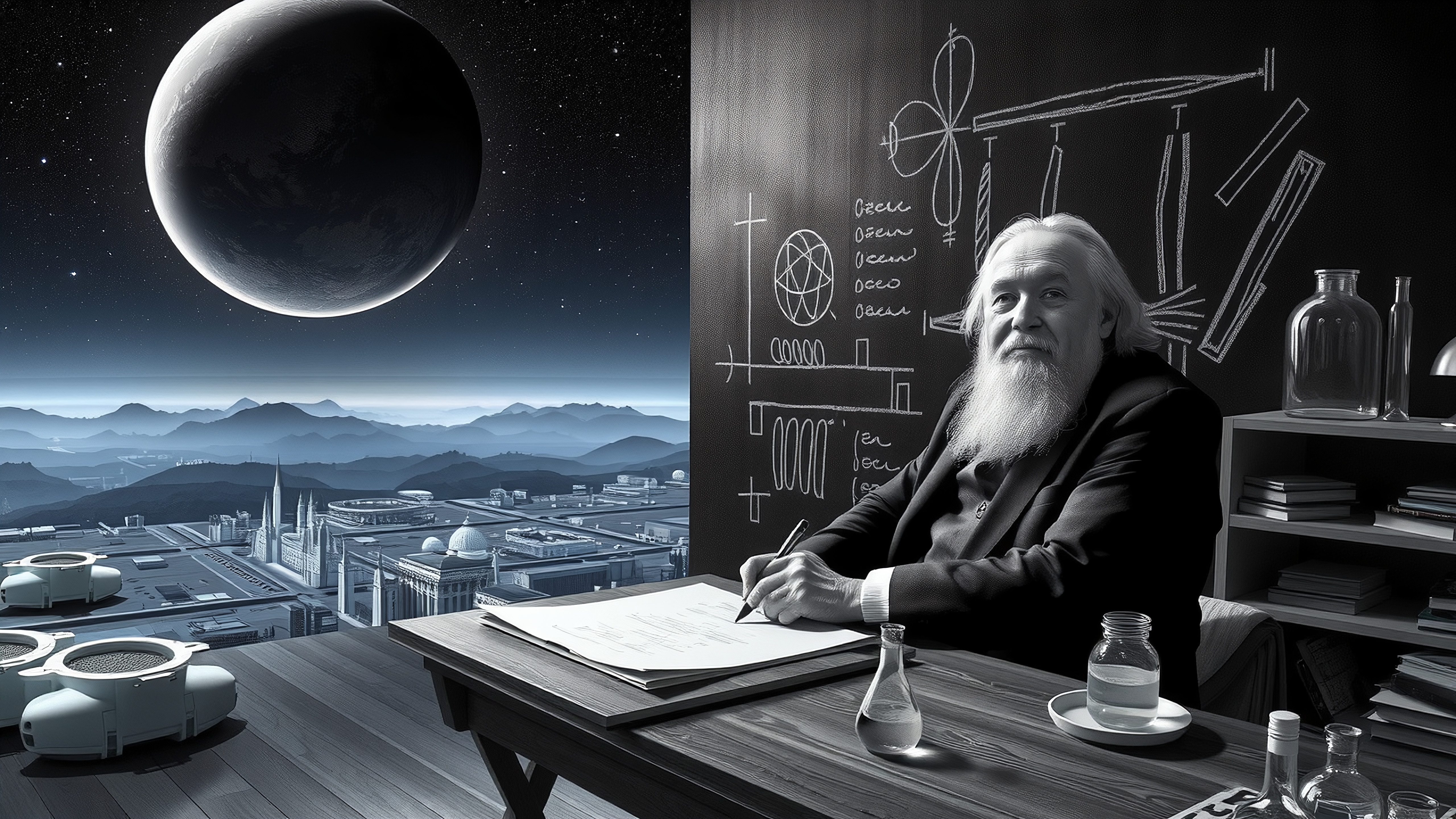 Futuristic Scholar Under Planet