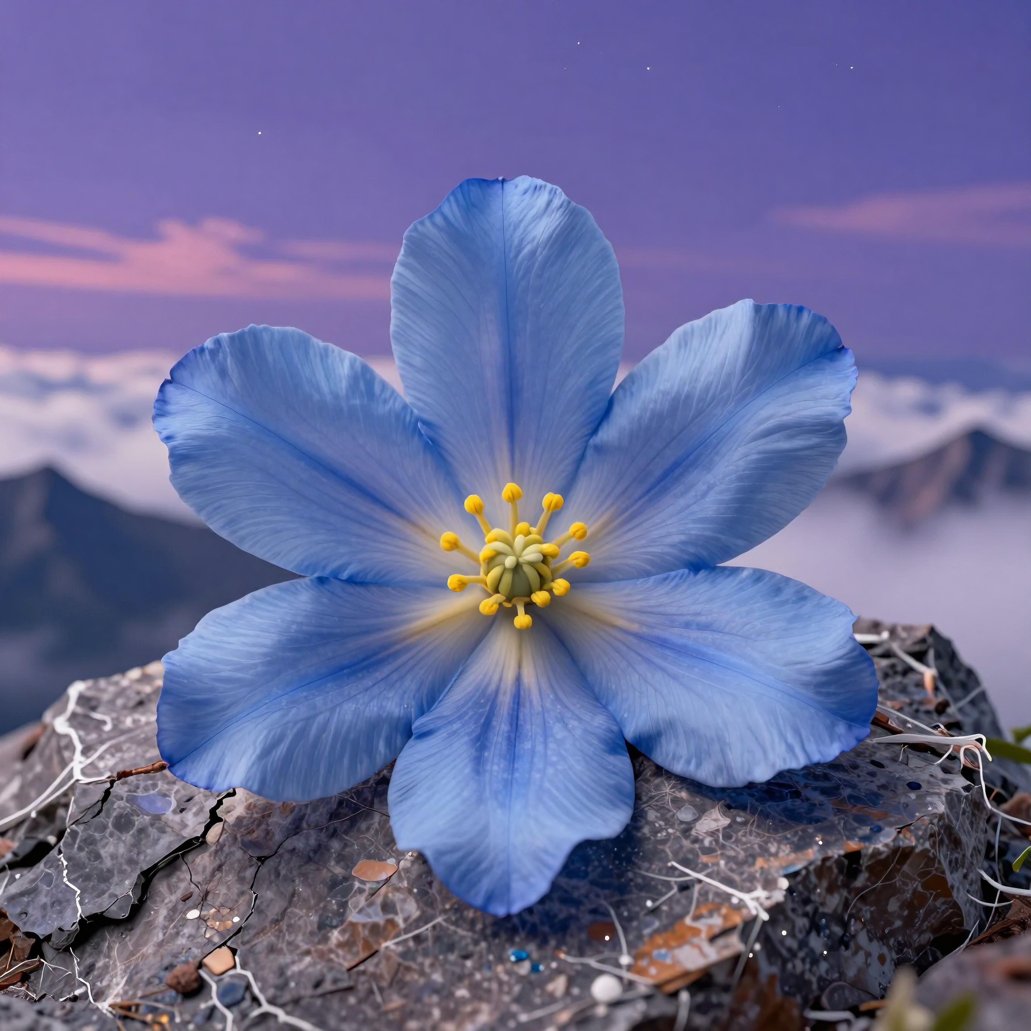 Stunning blue flower rests on rugged rock surface against mountain backdrop.