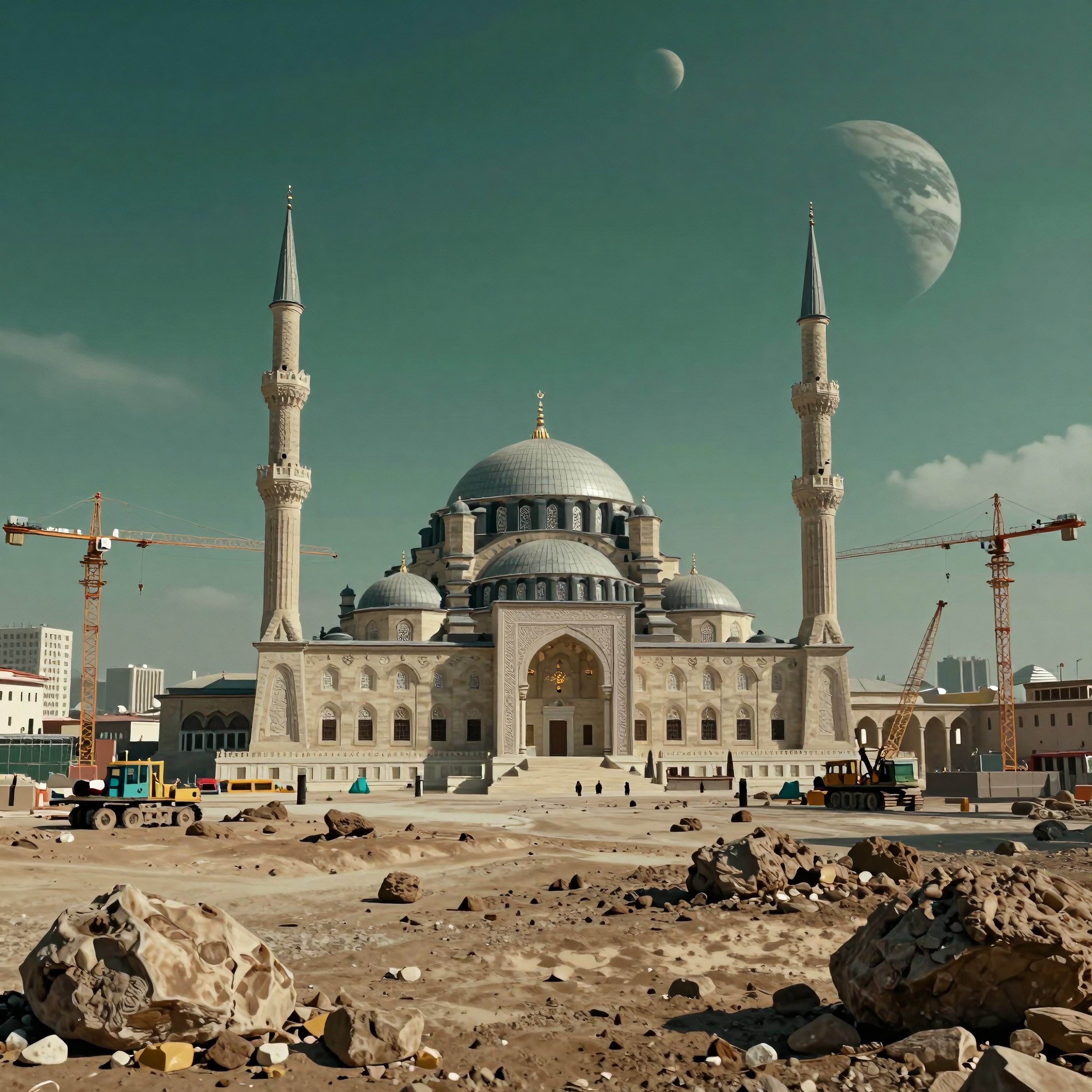 A grand mosque under construction with celestial bodies in the background.