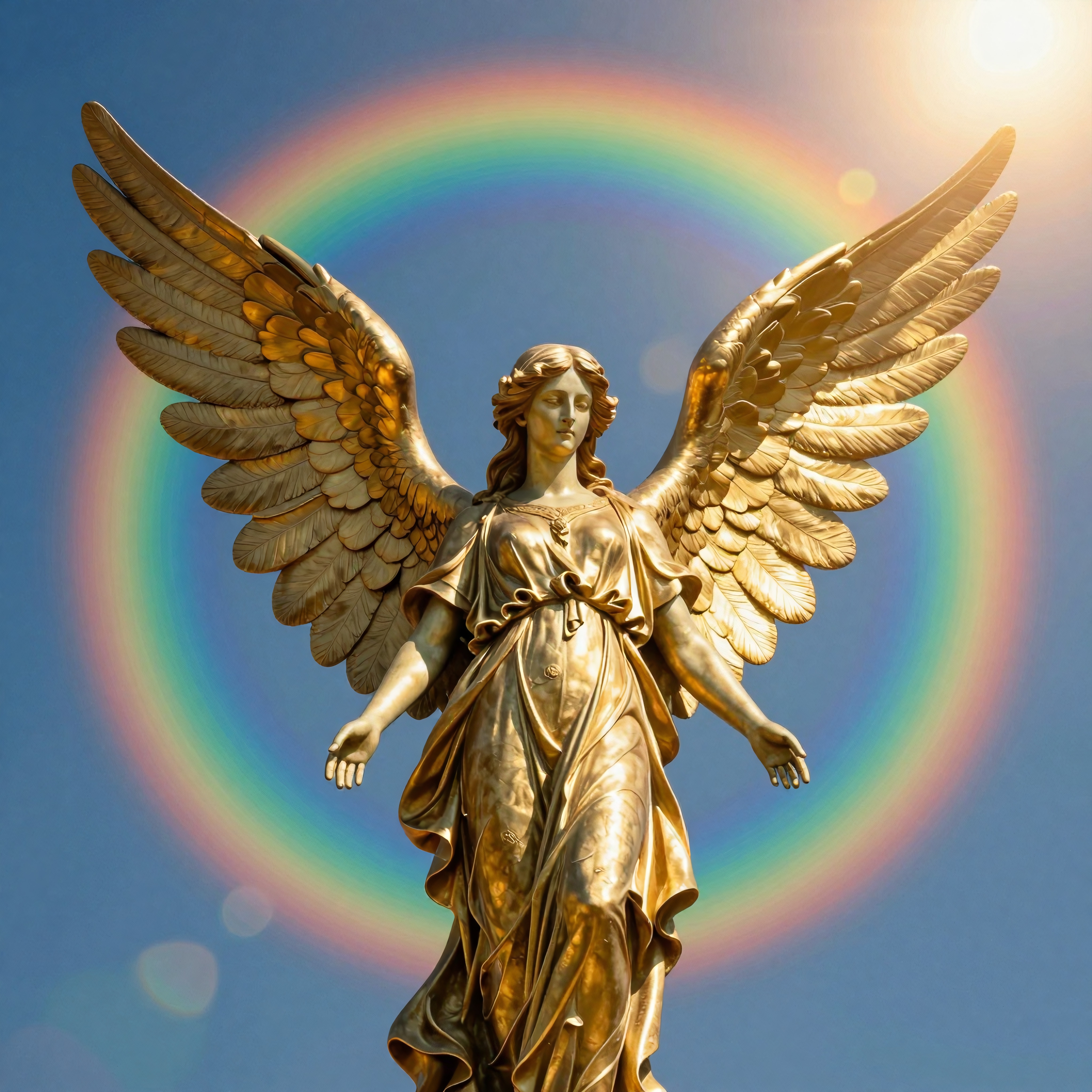 A golden angel statue with spread wings and a vivid rainbow in the background, under a bright sky.