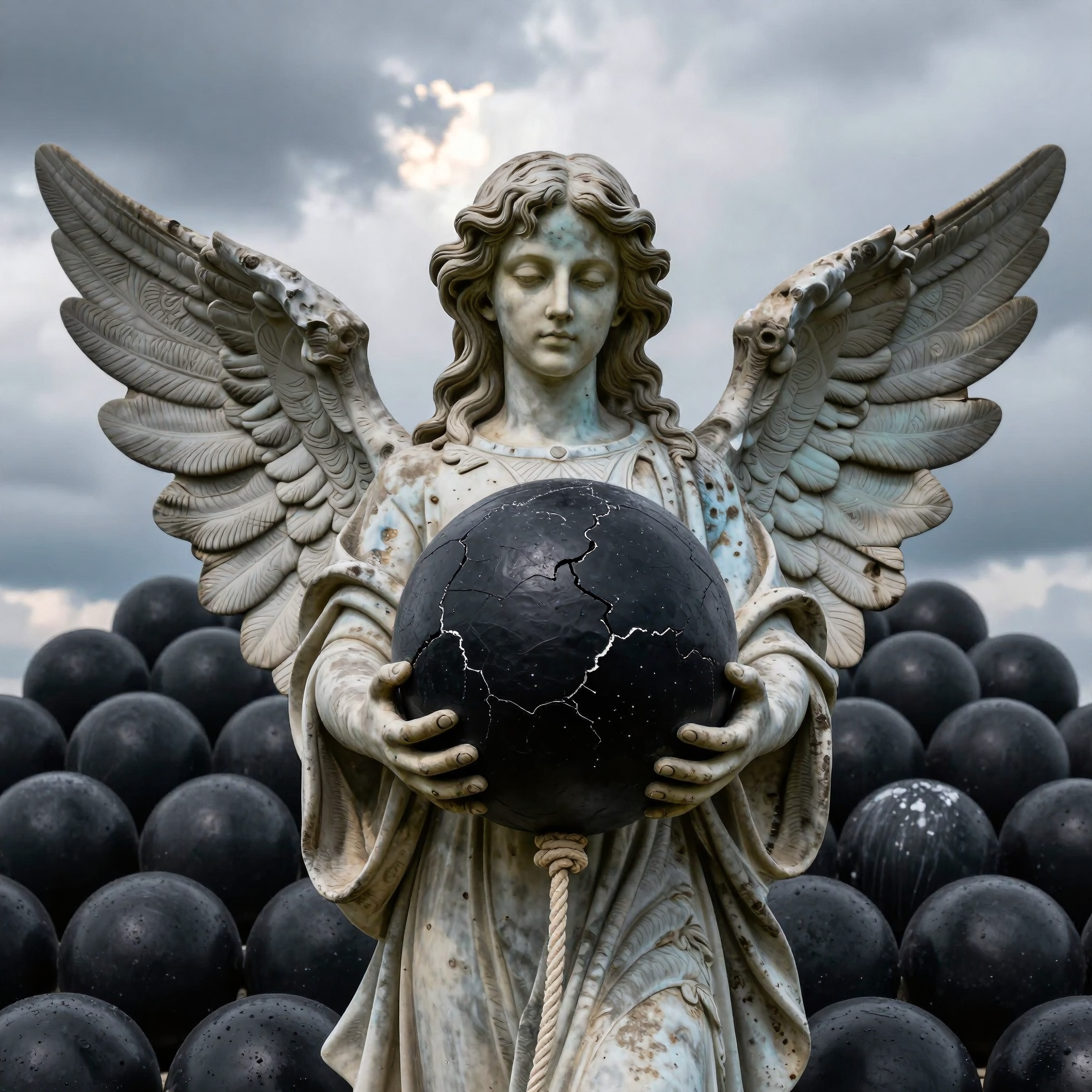 A weathered angel statue holding a cracked black orb, surrounded by black spheres under gray clouds, evoking mystery and symbolism.