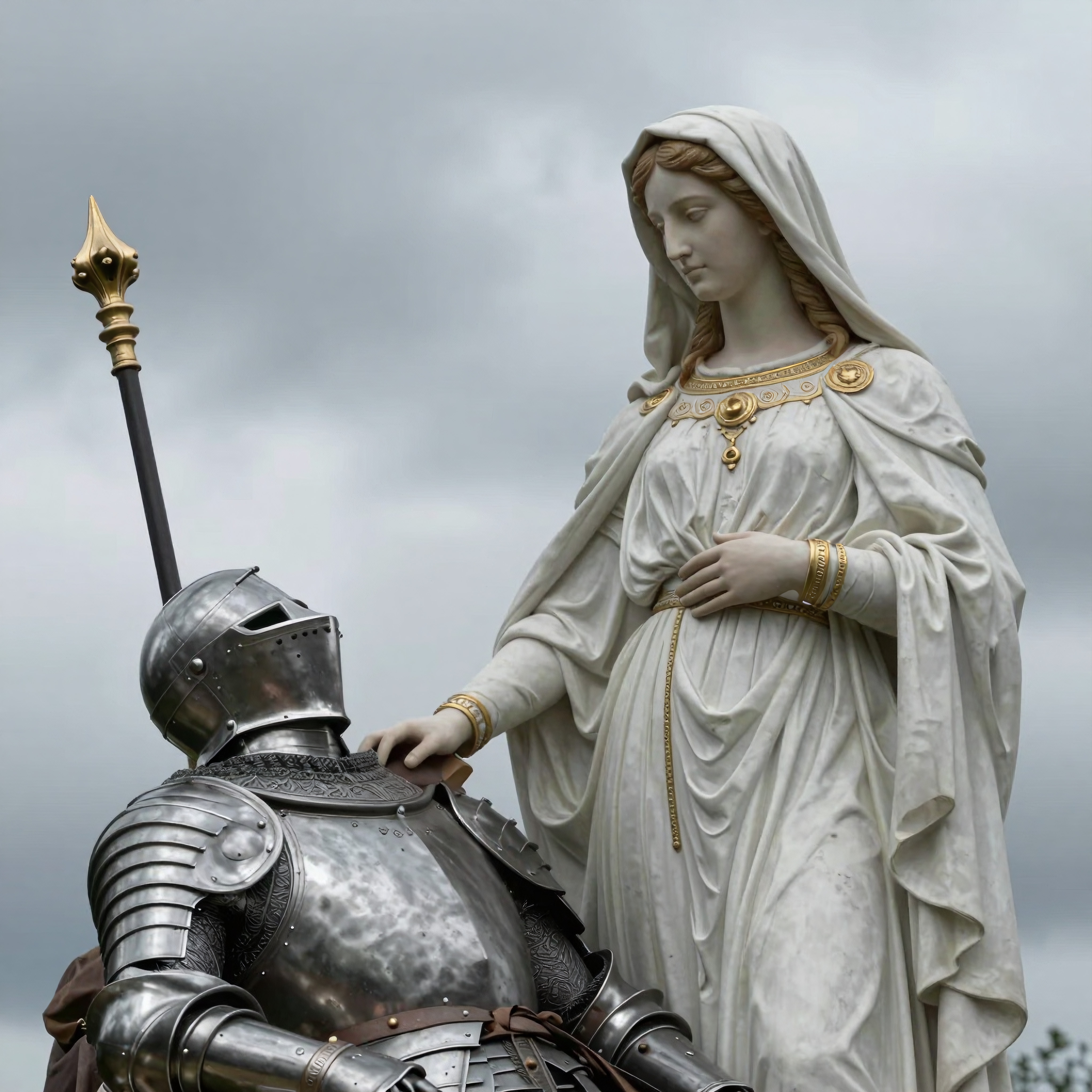Medieval knight and lady statue with intricate details and historical elegance against a cloudy backdrop.