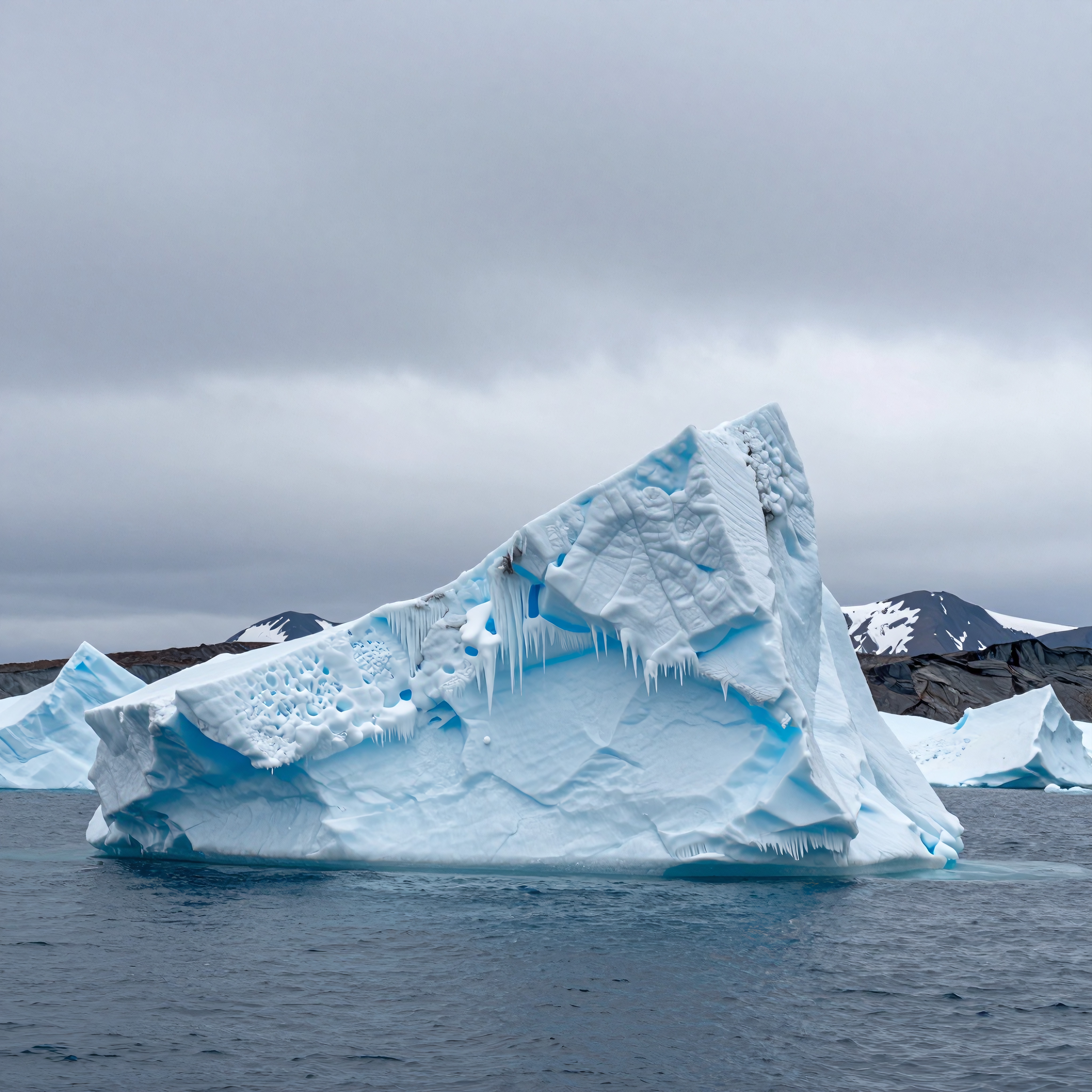 A majestic iceberg floats in an icy ocean under a gray sky.