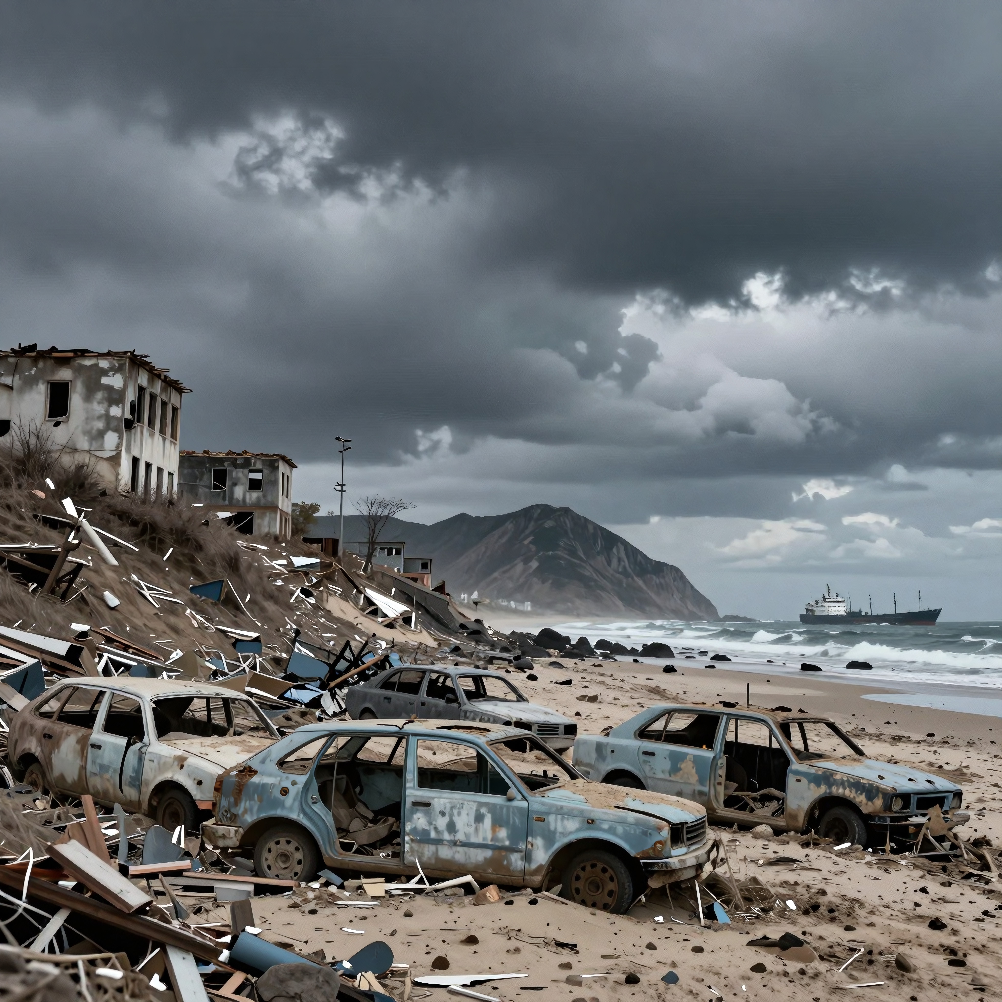 Rusting cars on desolate beach.