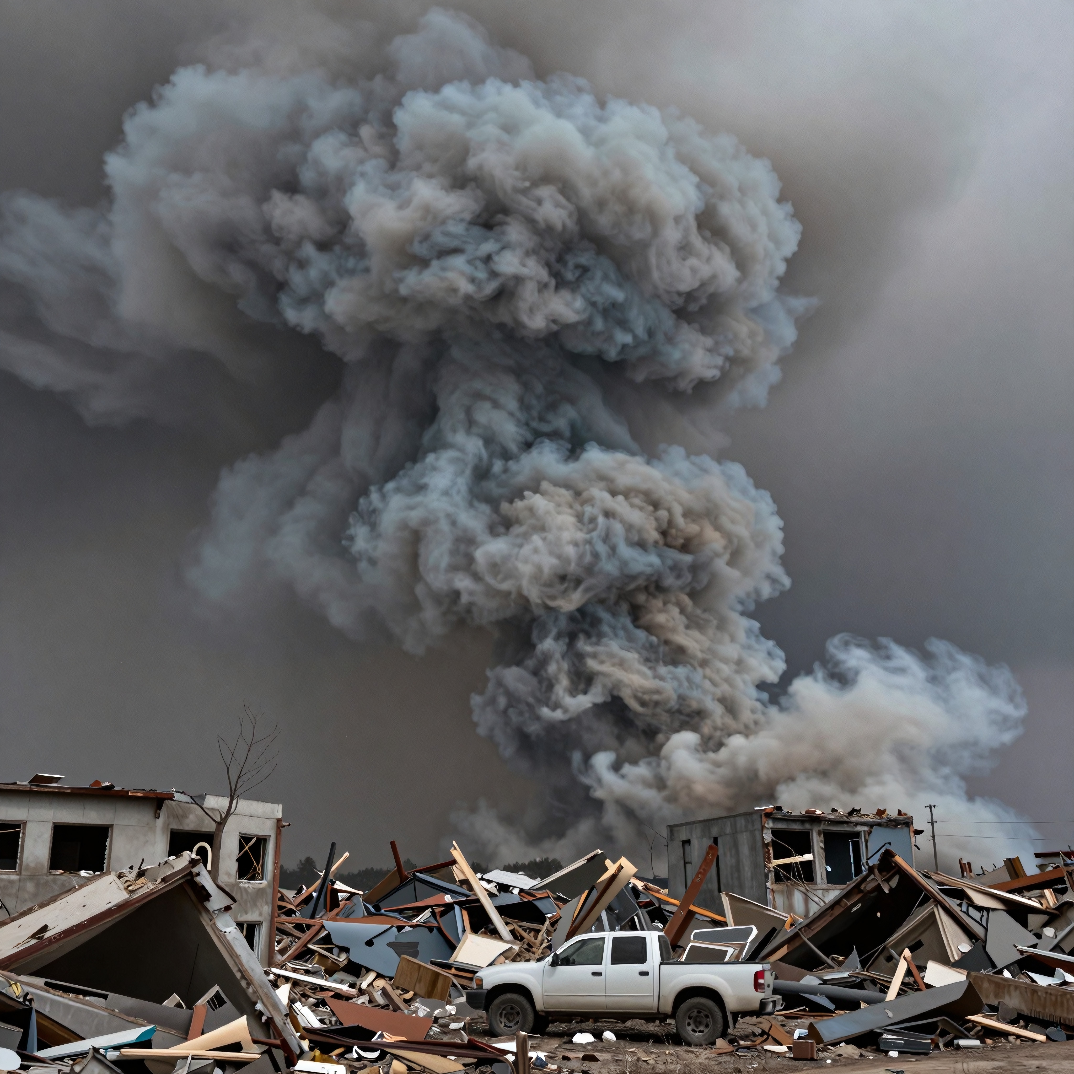 The image shows a white truck in debris surrounded by large smoke clouds after an explosion.