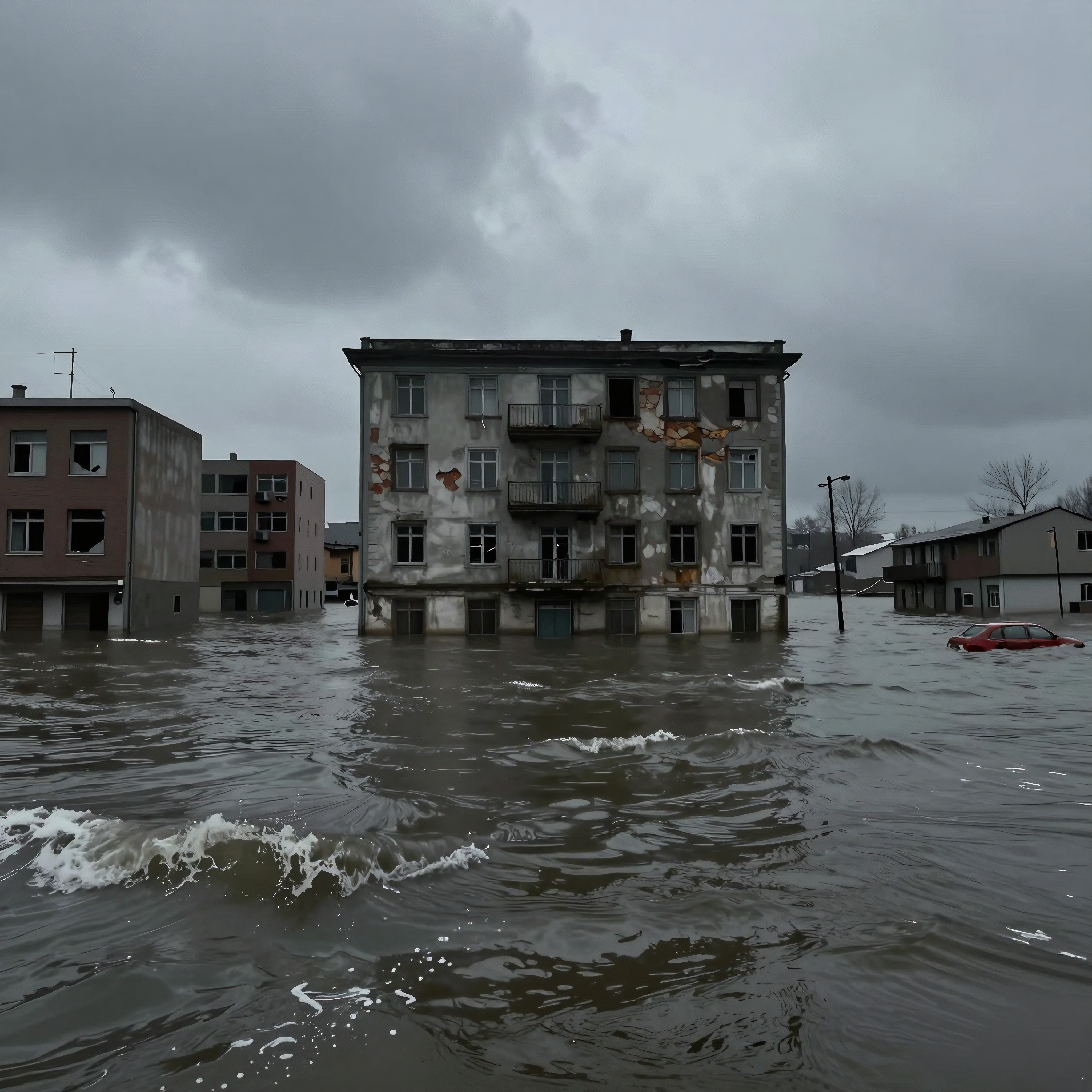 A flooded urban scene showing partially submerged buildings and a red car with an overcast sky, indicating severe weather conditions.