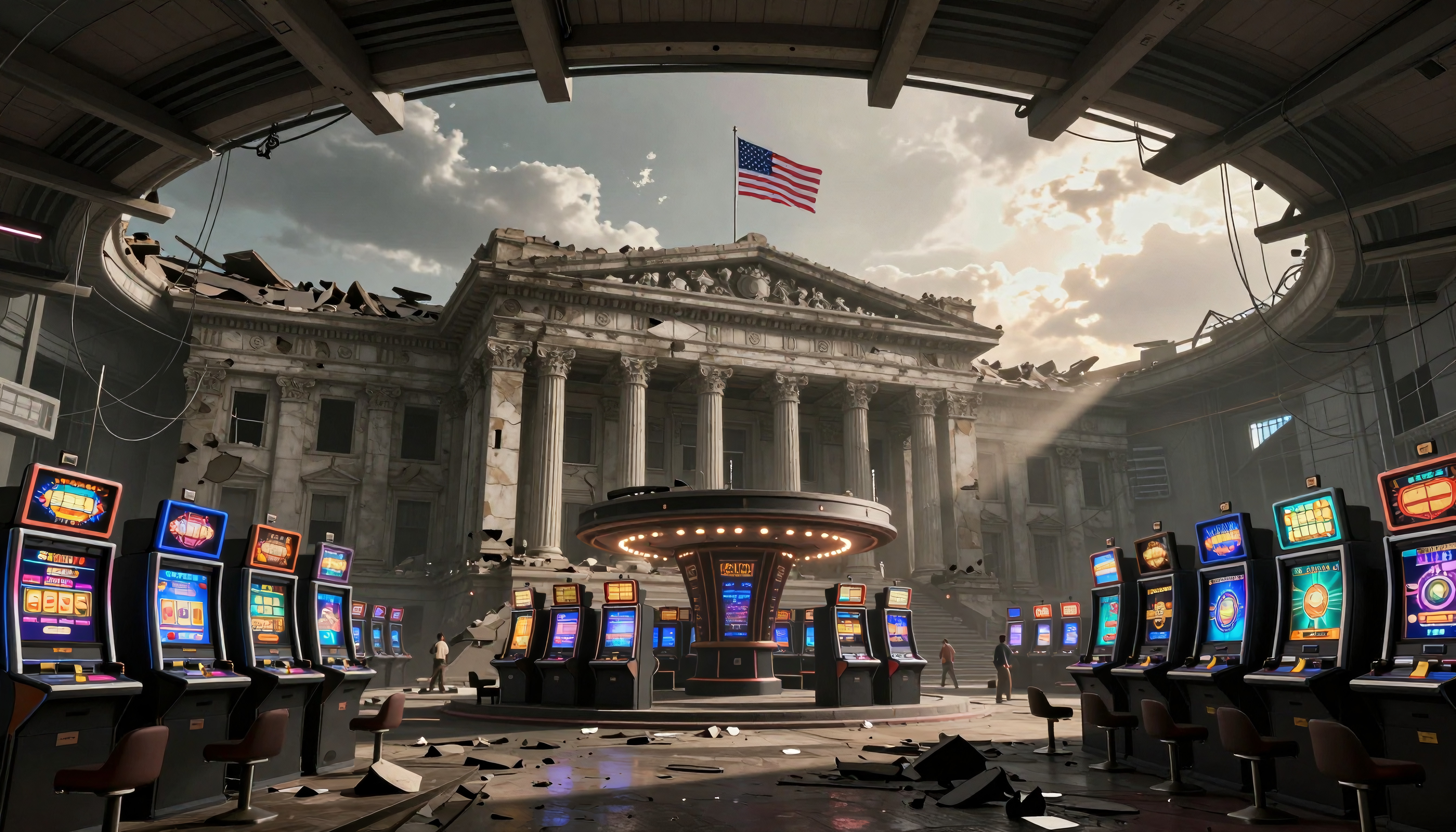 Image of a grand neoclassical building with a broken ceiling, littered floor, and brightly-colored slot machines.