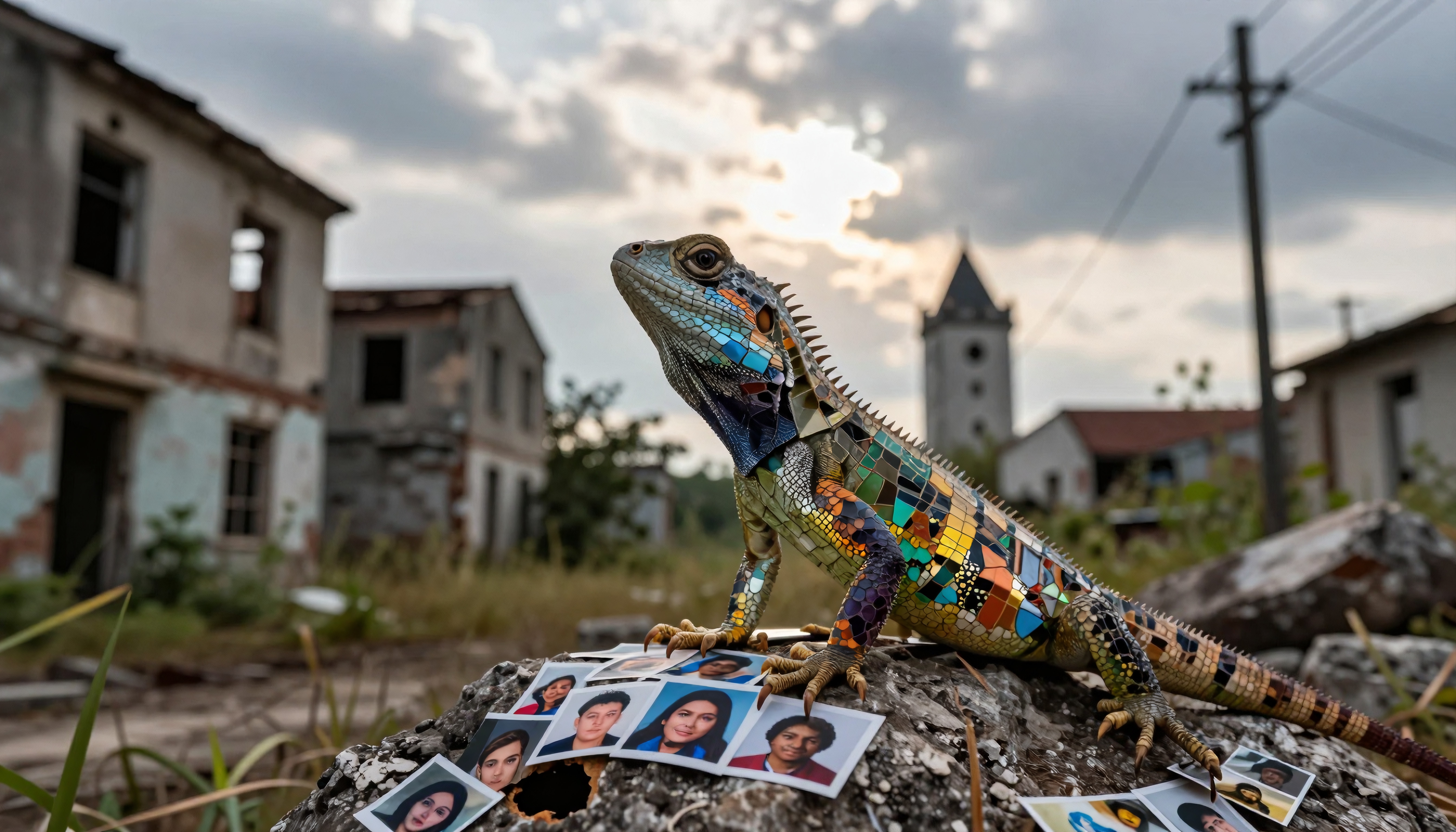 A vibrant mosaic lizard sits on a rock amidst scattered photographs and old buildings.