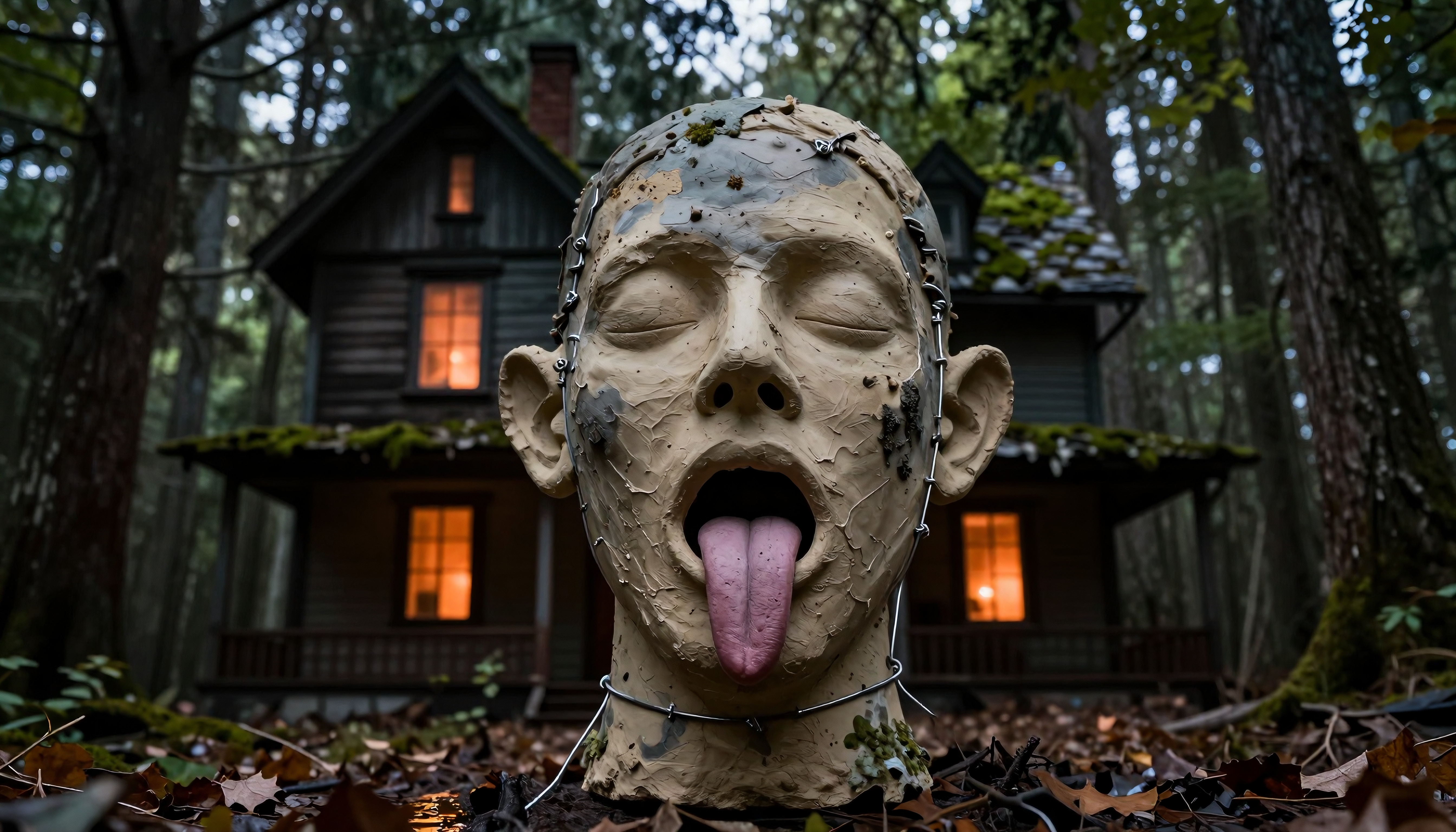 A sculpted head with protruding tongue amidst forest, in front of illuminated rustic house.
