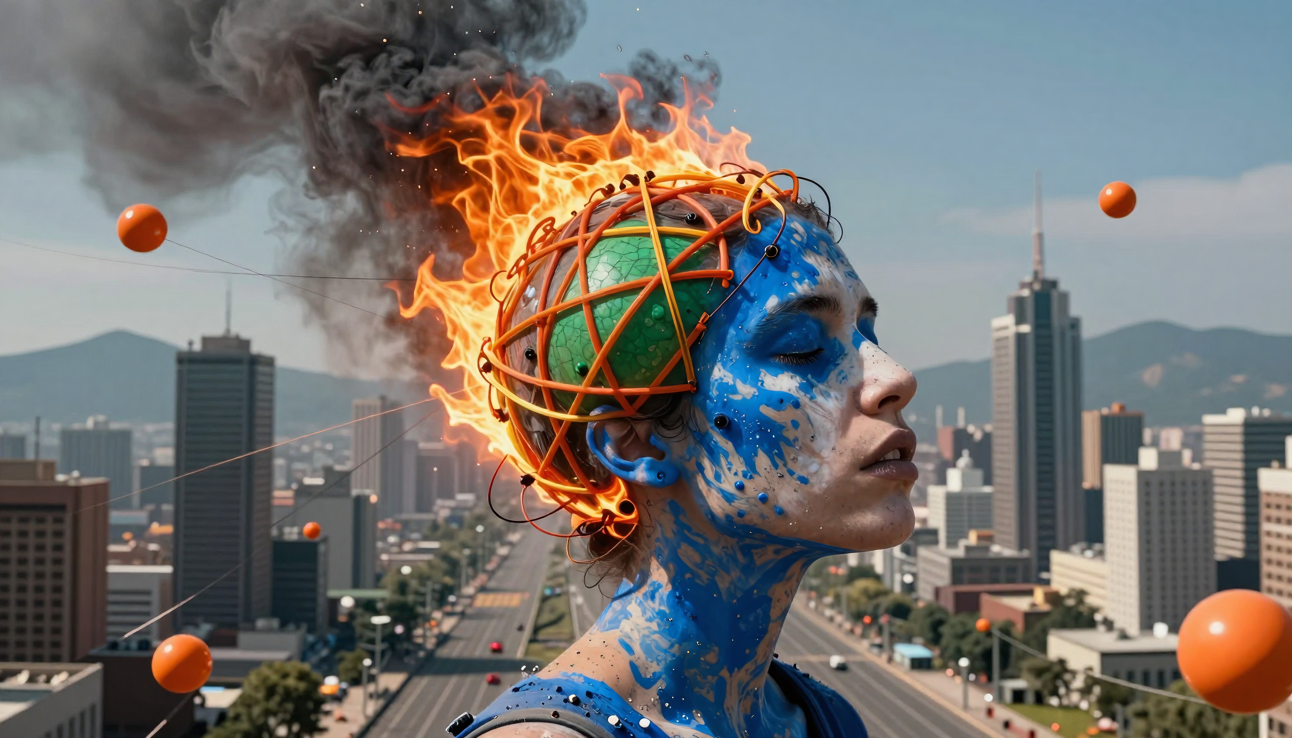 A serene figure with a fiery helmet against a city backdrop, showcasing blue paint, smoke, and orange spheres.