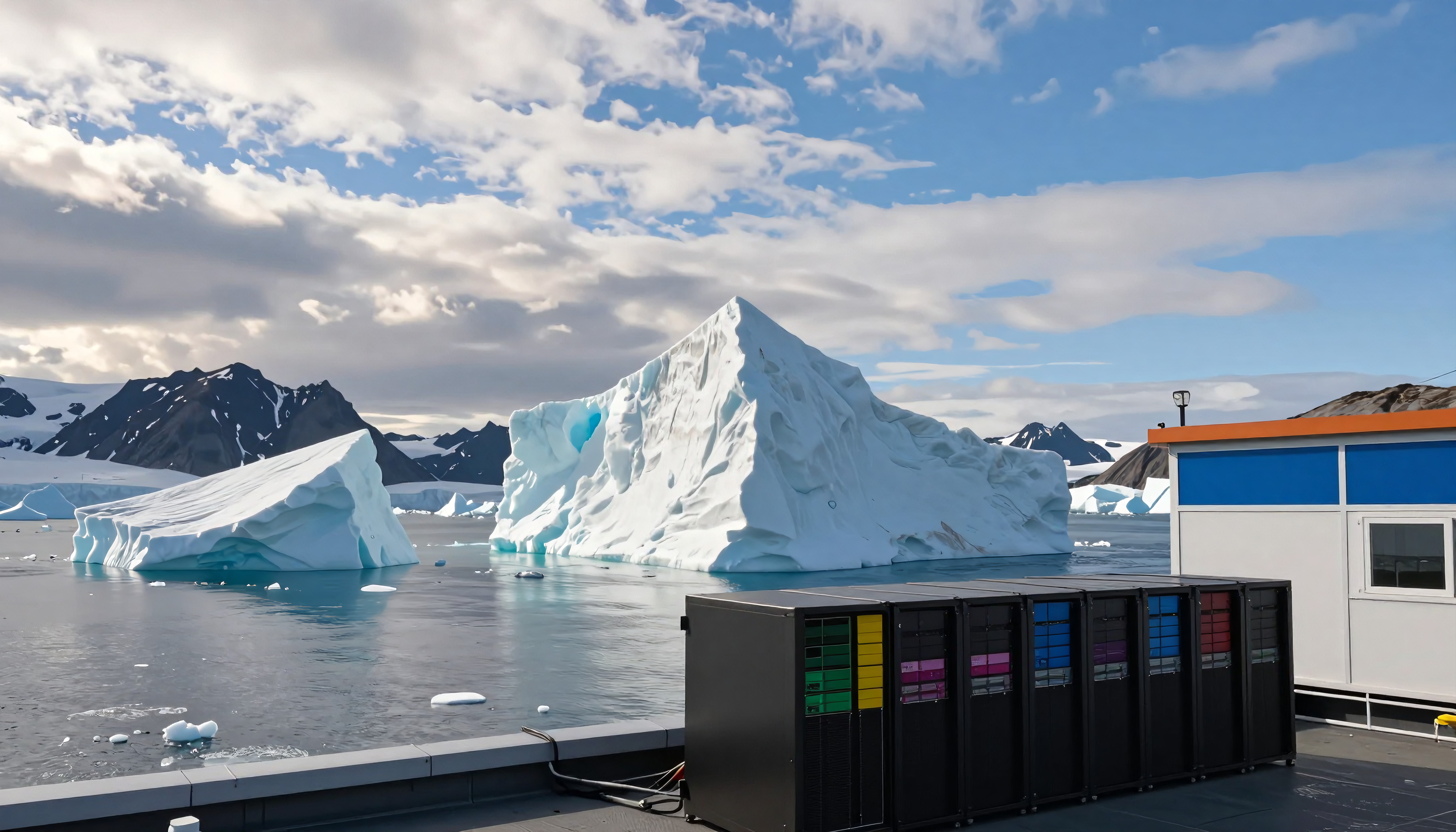 Server racks beside icebergs in Arctic landscape