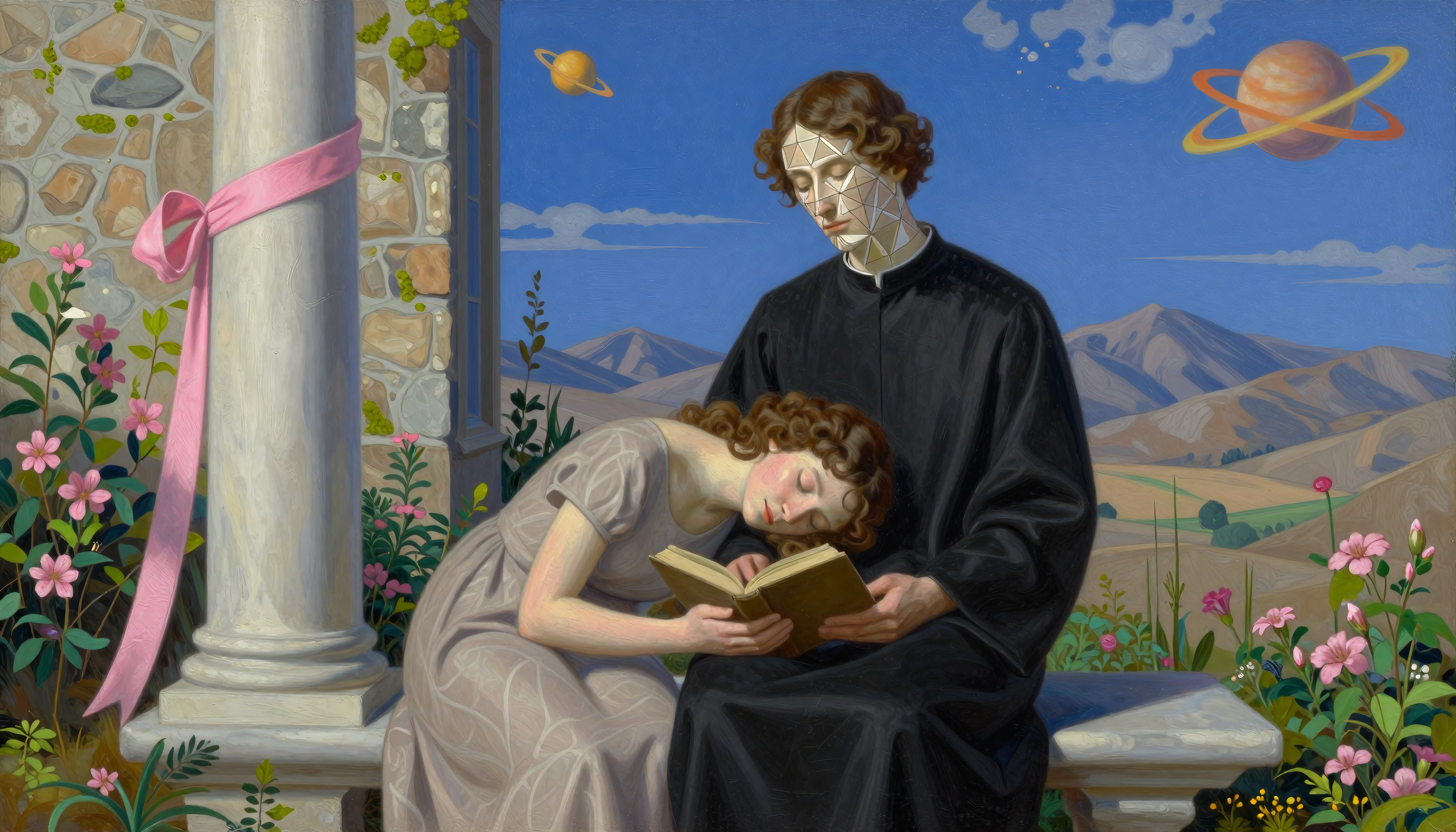 Man reads to sleeping woman under starry skies surrounded by blooming flowers and floating planets